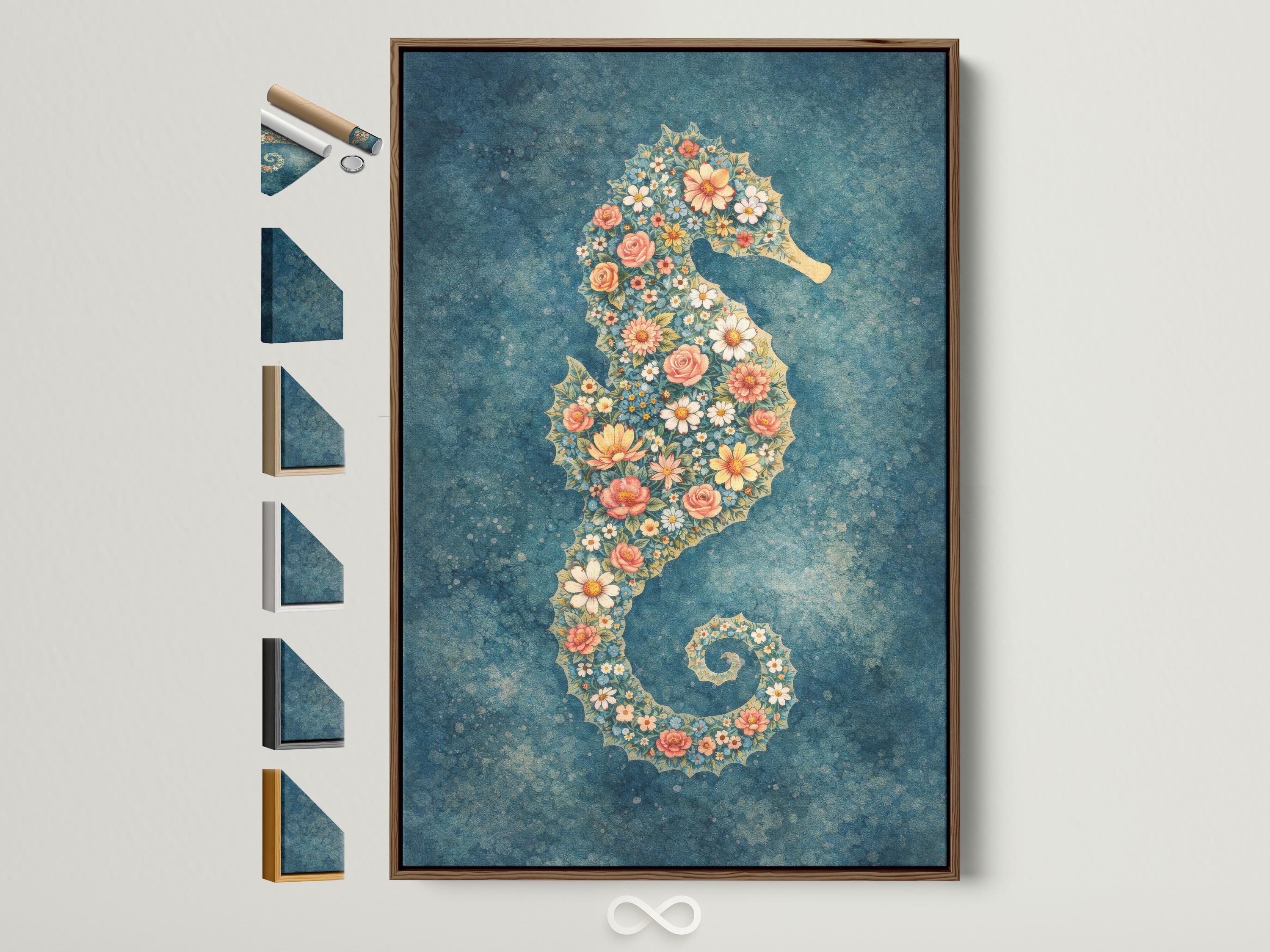Room mockup showing a framed floral seahorse artwork above a sofa