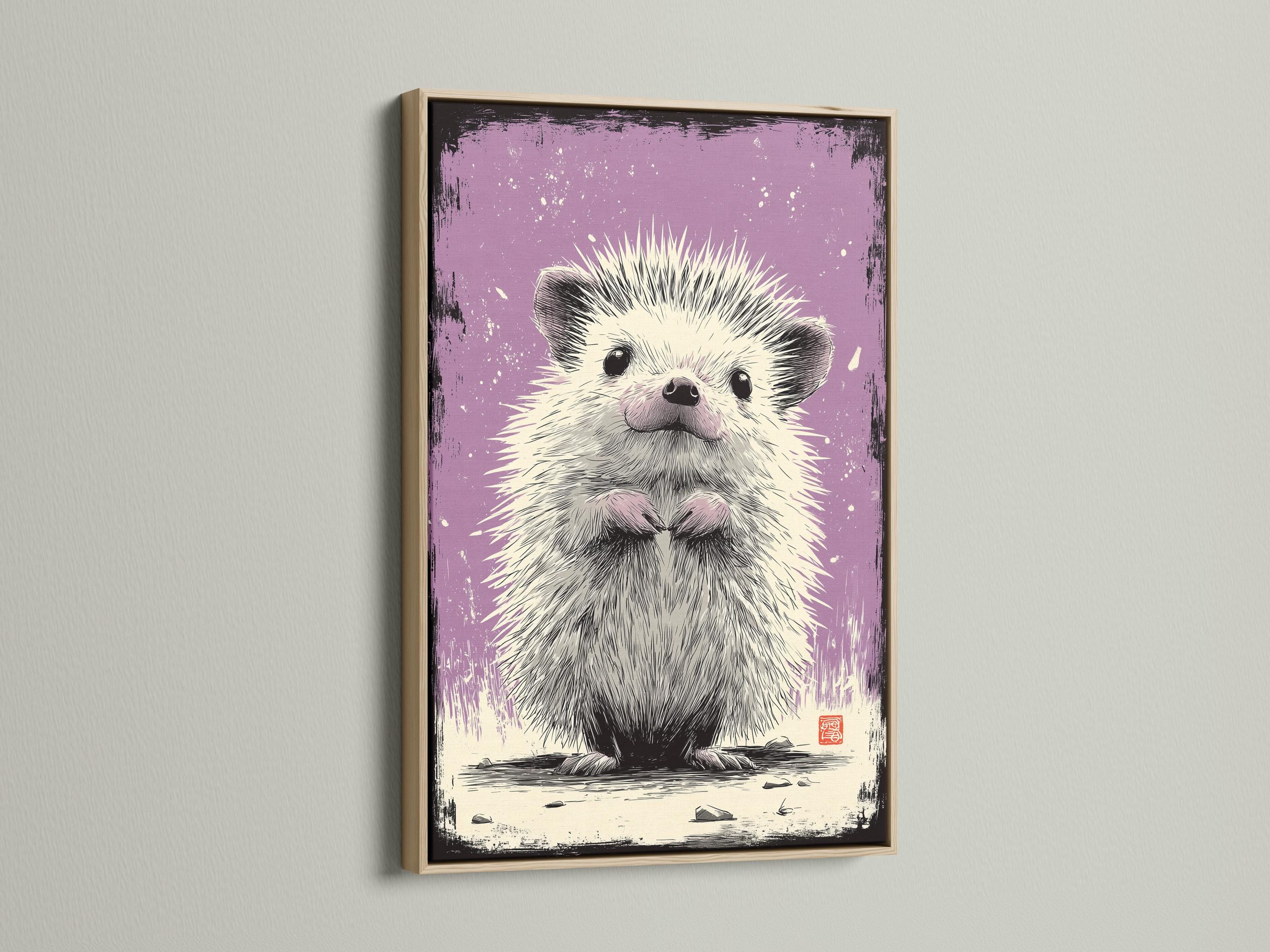 Hedgehog artwork shown in a framed wall mockup on a light background