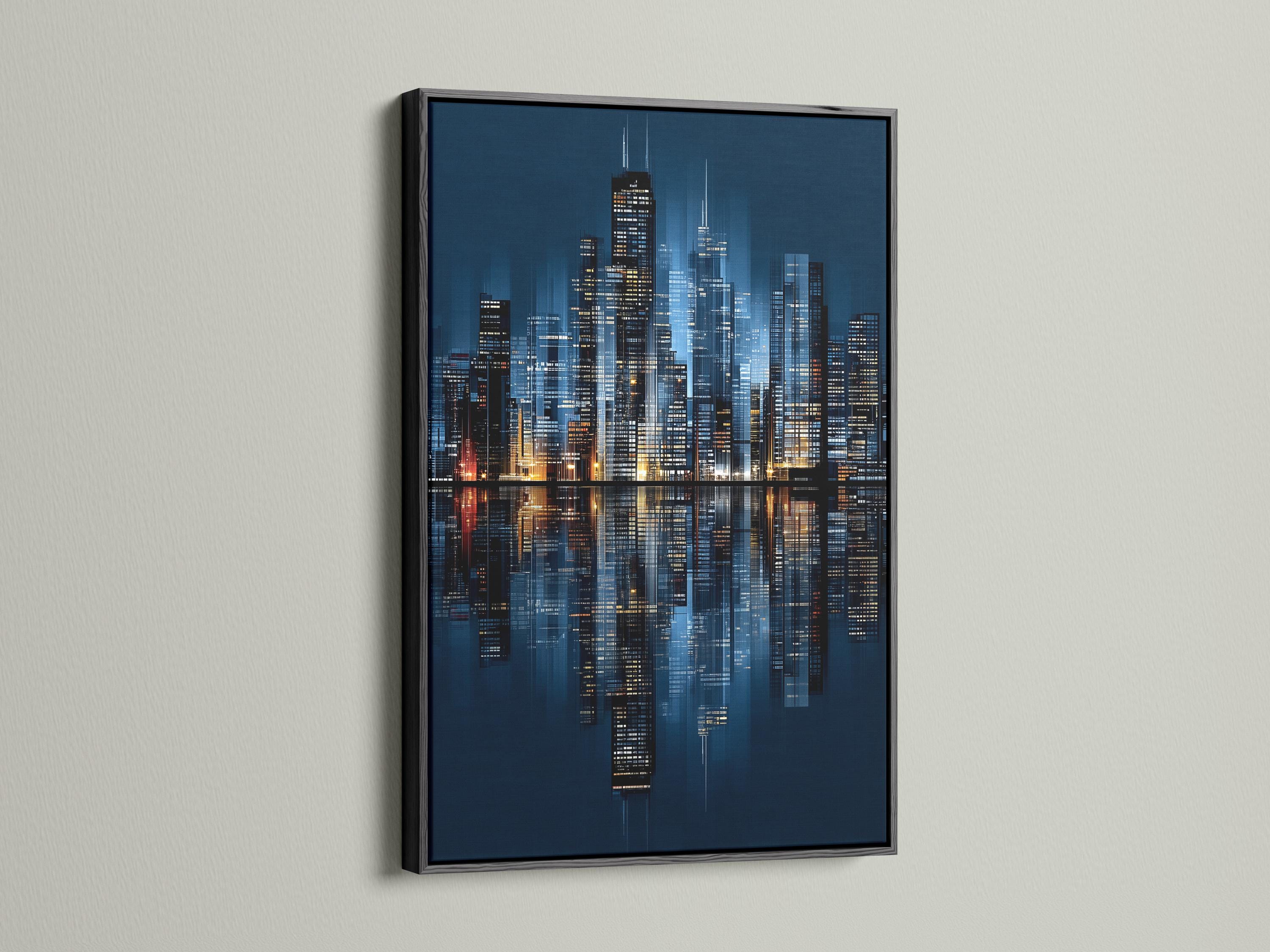 Night city skyline artwork in navy blue with illuminated buildings and reflections detail view