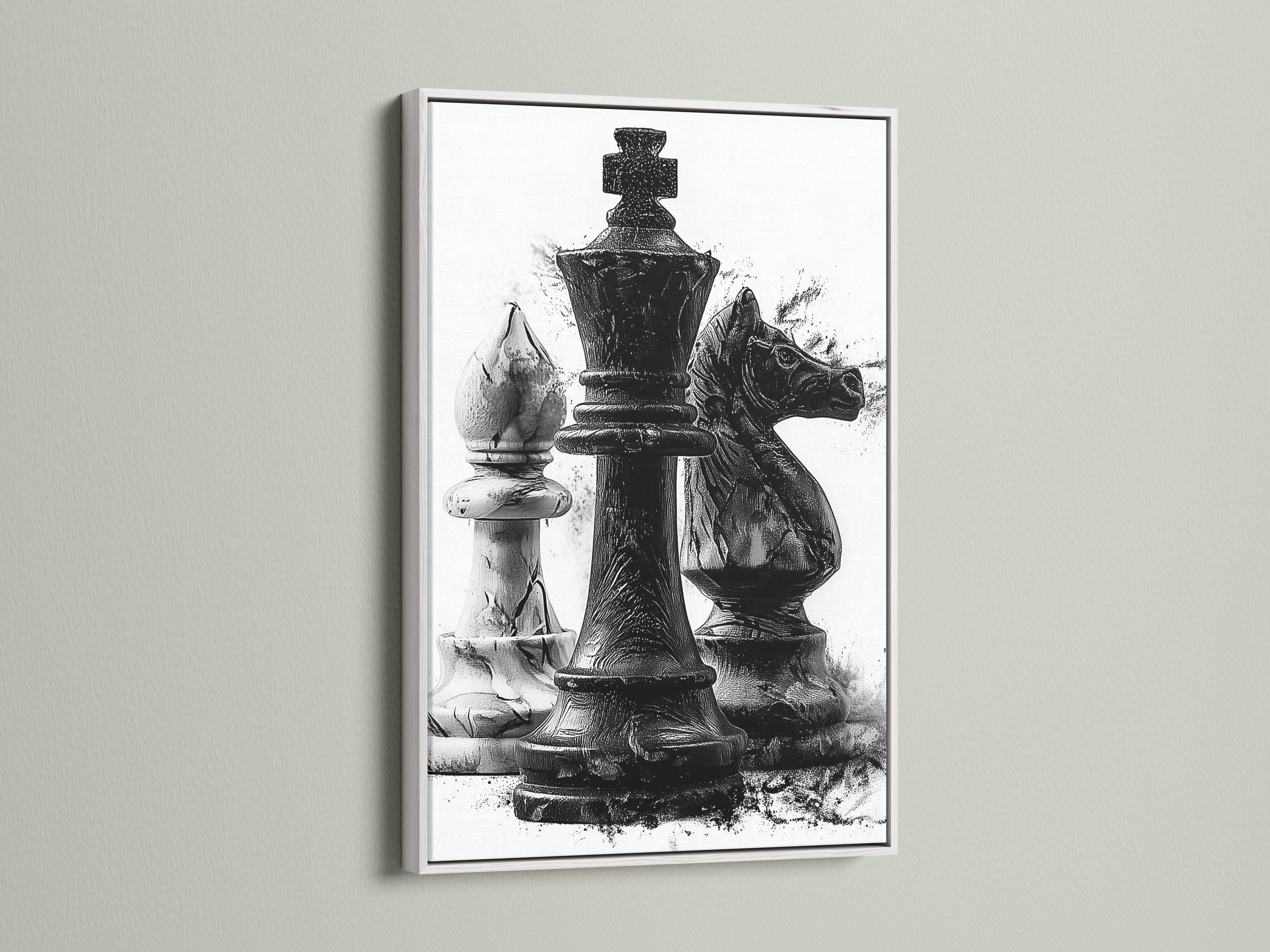 Monochrome chess artwork featuring a black king-like figure with distressed ink-splatter texture detail view