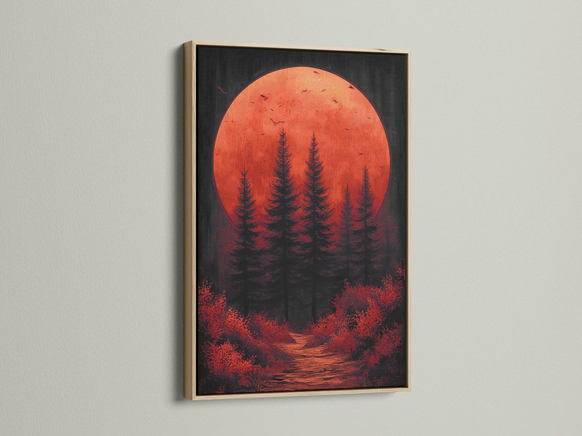Crimson moon over dark pine forest with bird silhouettes and a winding path detail view