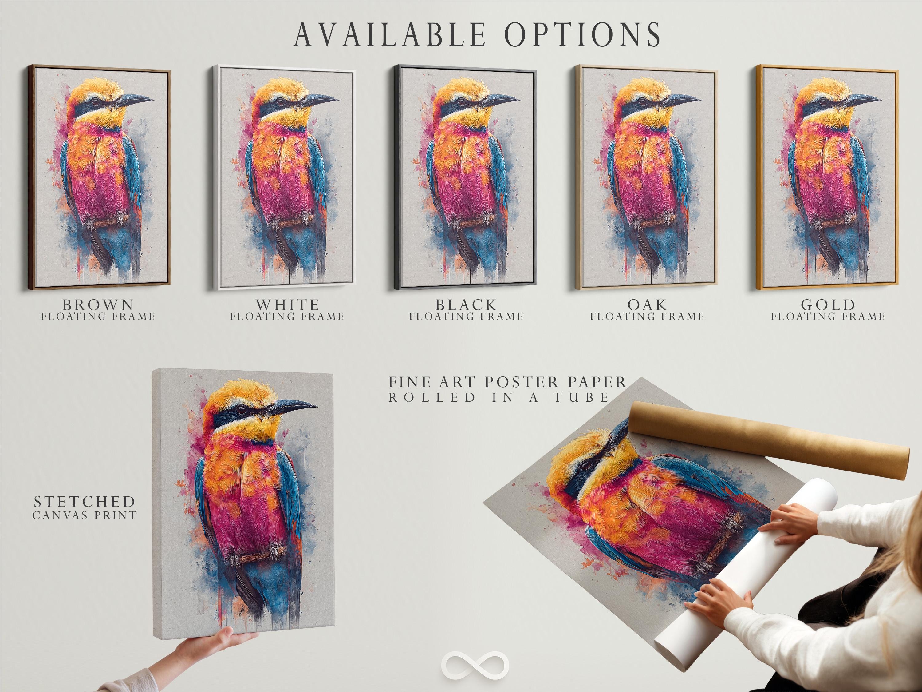Colourful stylised bird in orange, pink and turquoise with splatter washes on a light background detail view