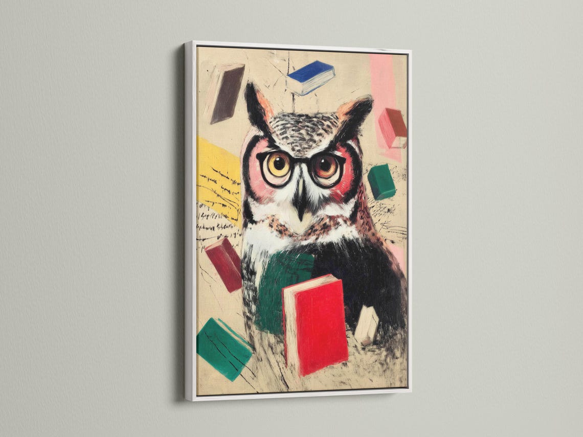 Scholarly owl with round spectacles surrounded by colourful books in a vintage painterly style detail view