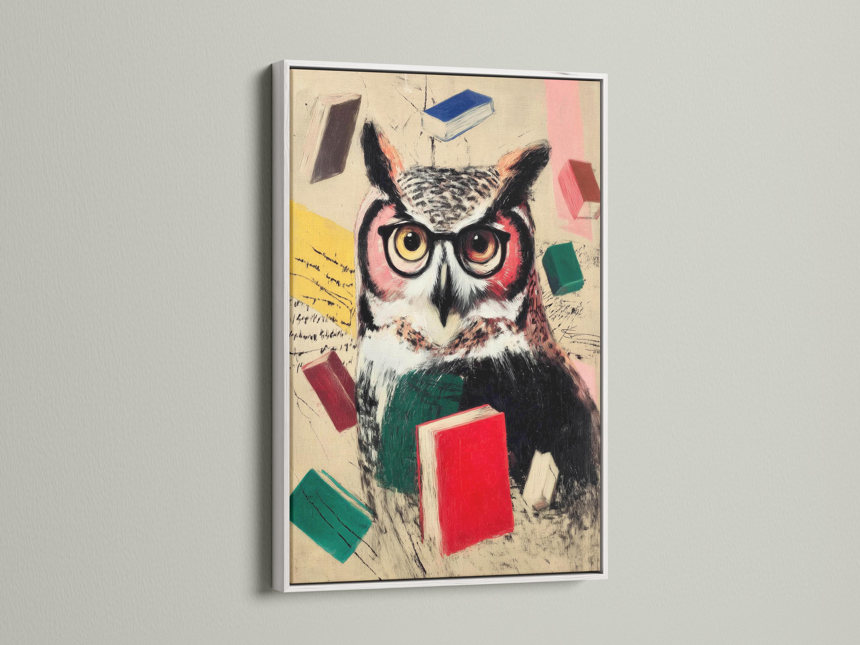 Scholarly owl with round spectacles surrounded by colourful books in a vintage painterly style detail view