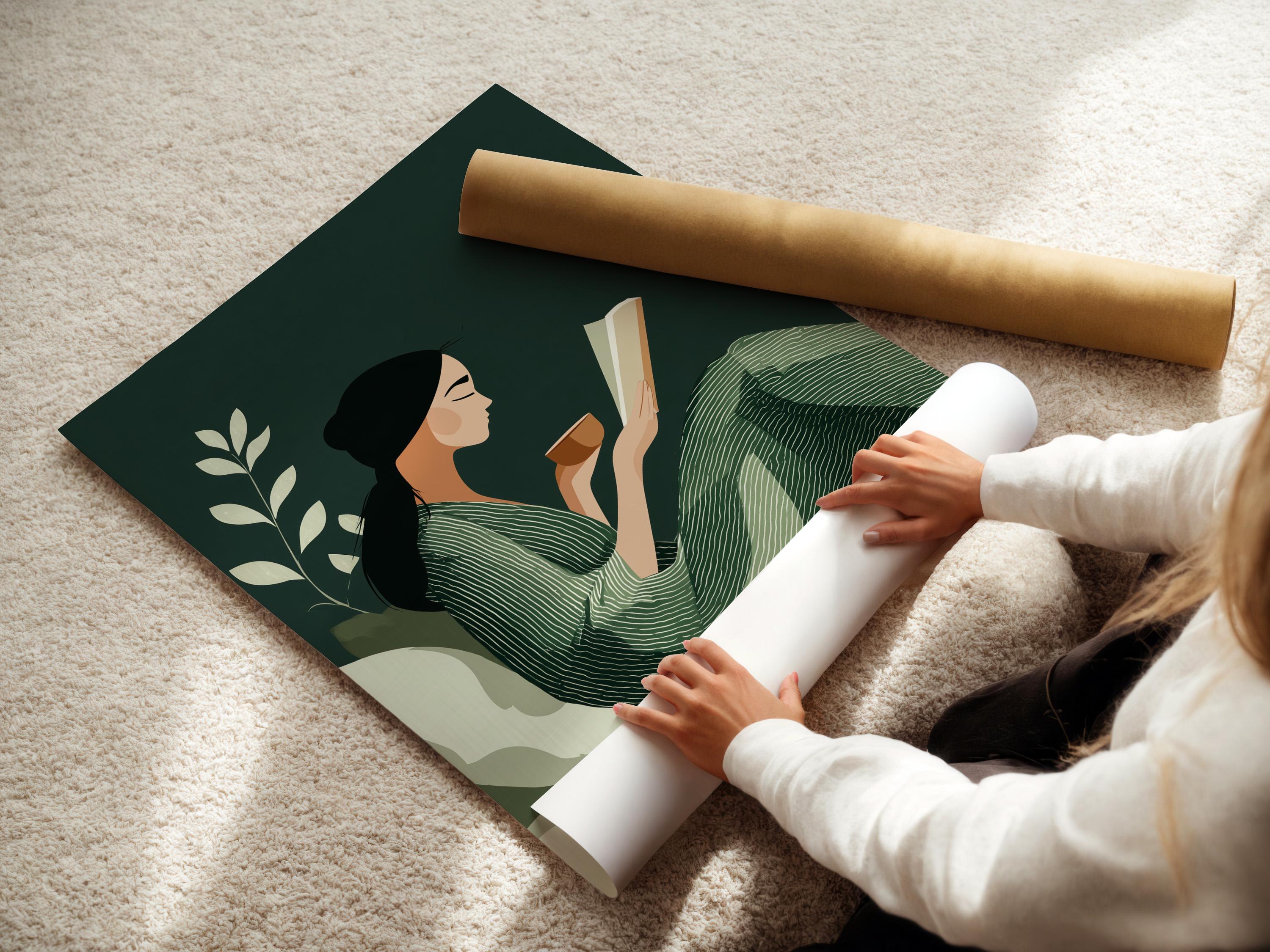 Room mockup showing a framed sage green botanical reading illustration on a wall