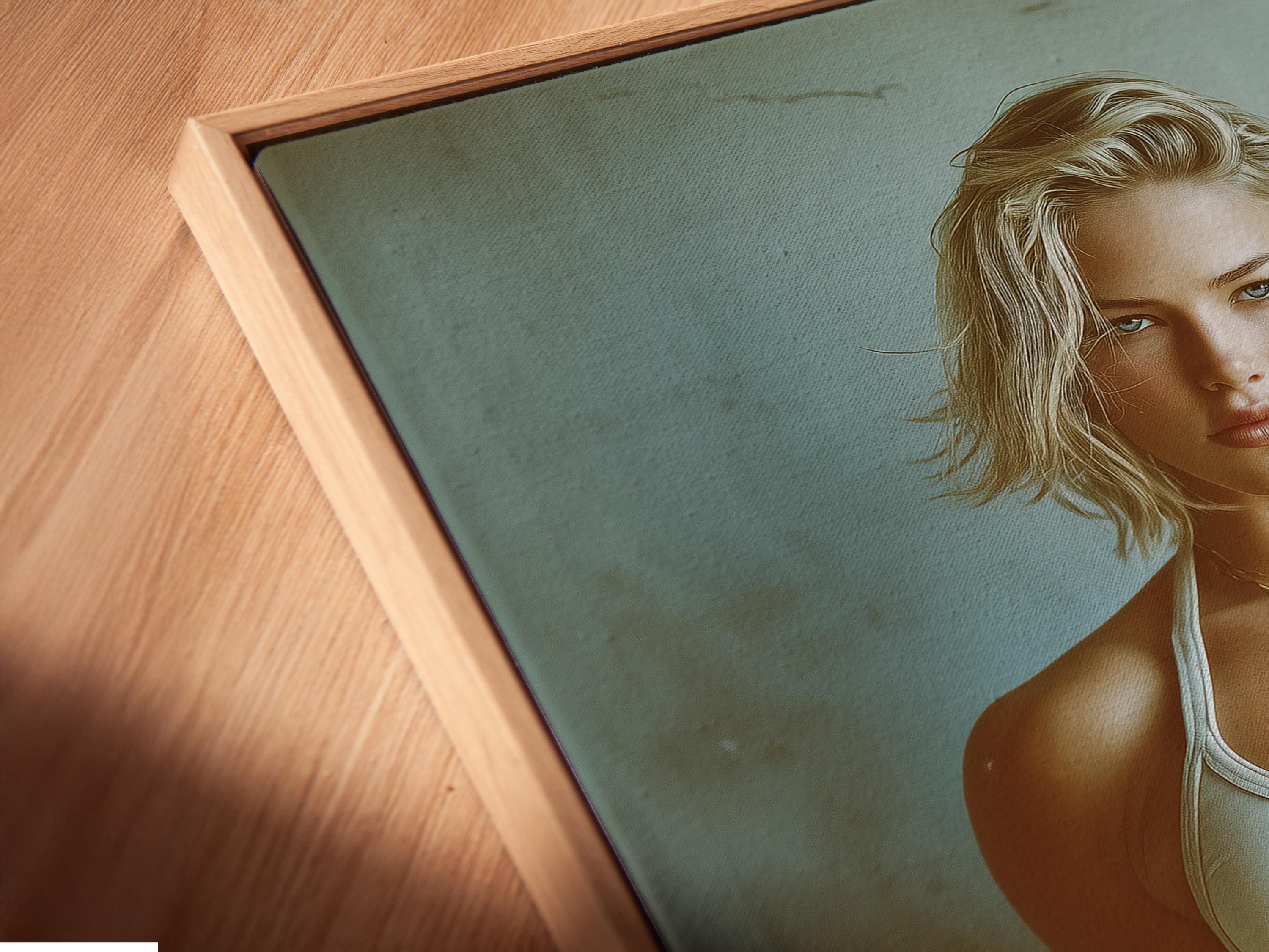 Room mockup showing a framed fitness portrait of a woman holding dumbbells on a teal background