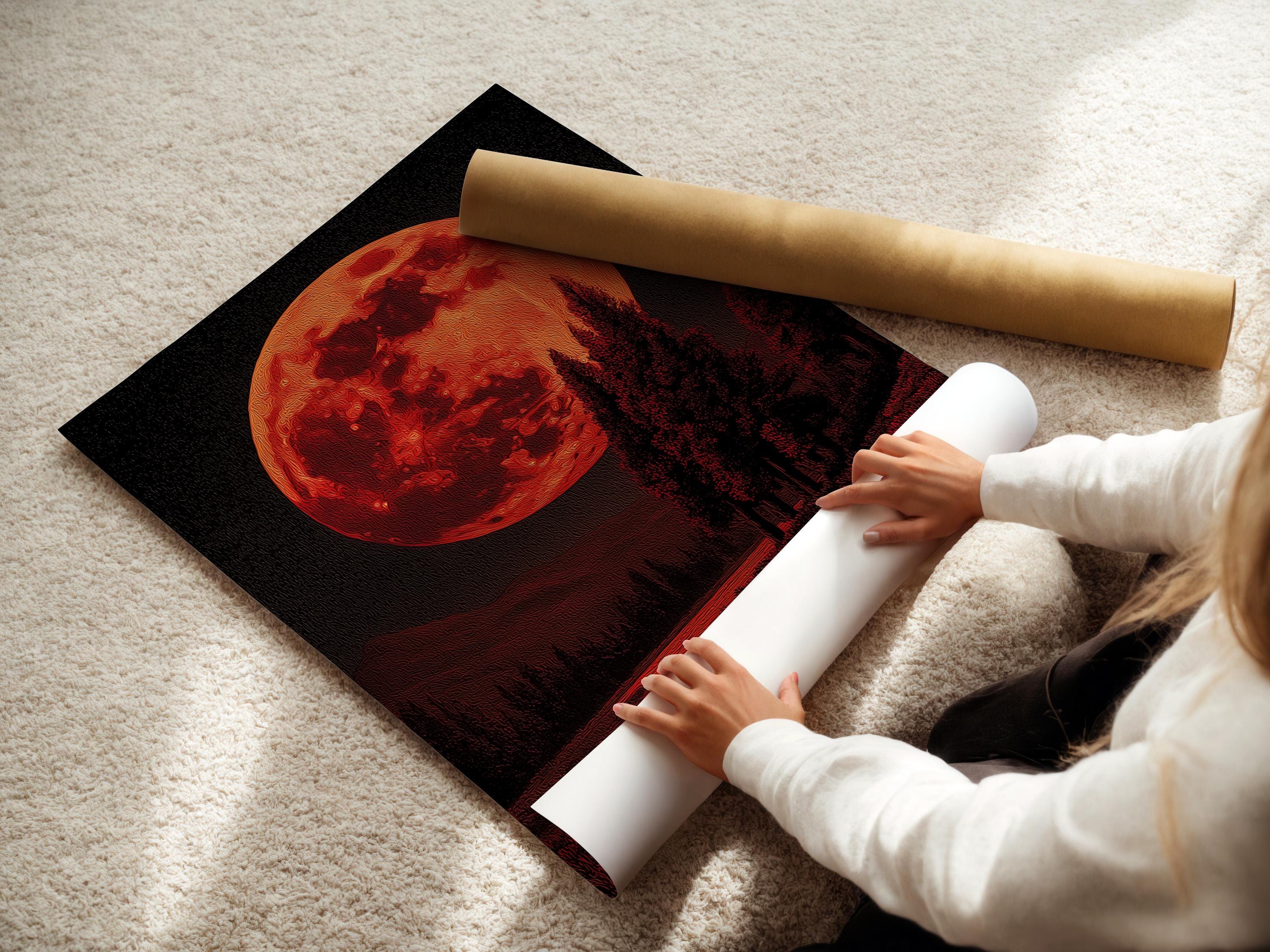 Red moon over a dark forest landscape with textured crimson and black details detail view
