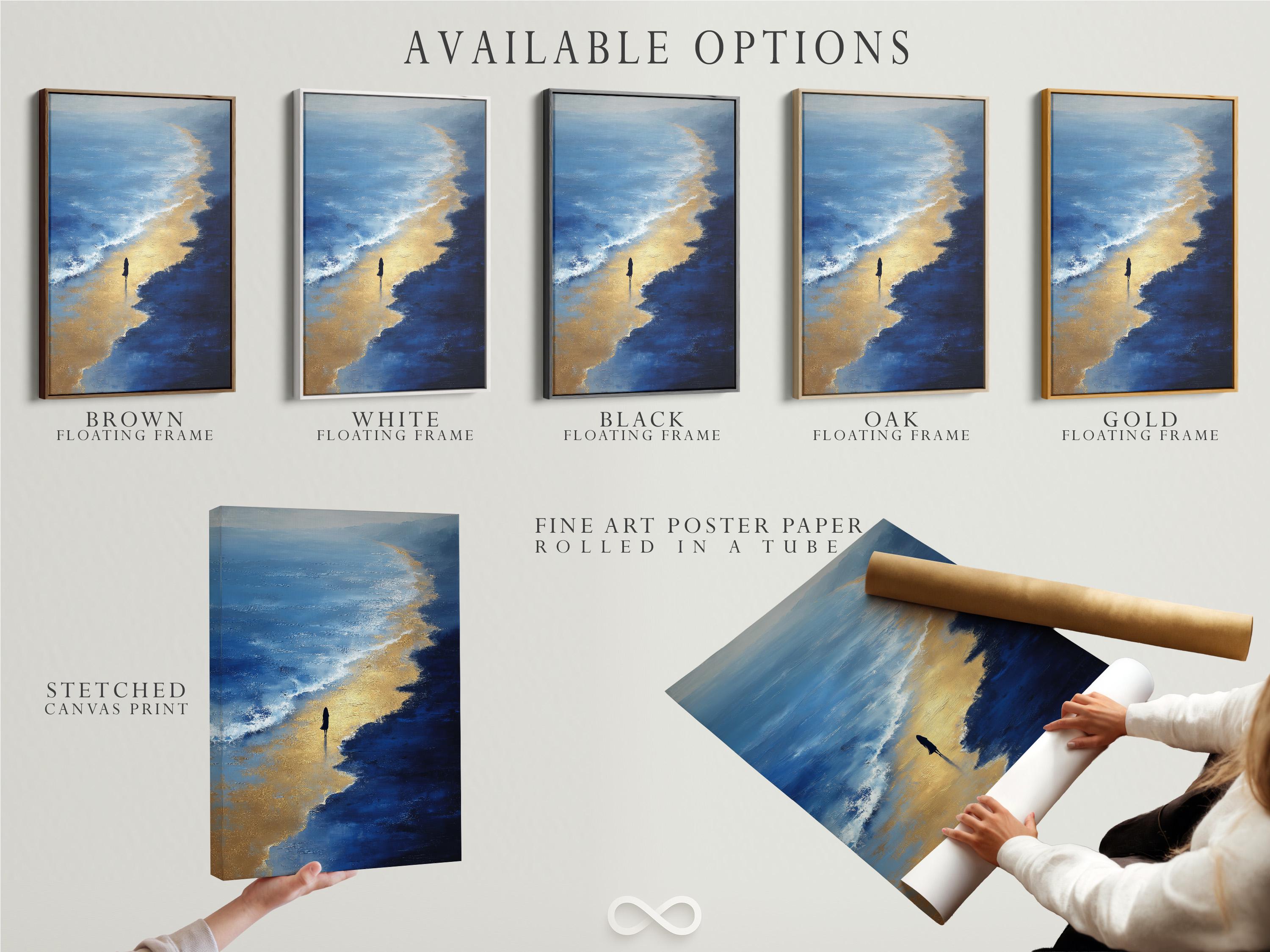 Painterly navy blue and gold seascape with ocean waves, beach light and a small silhouette detail view