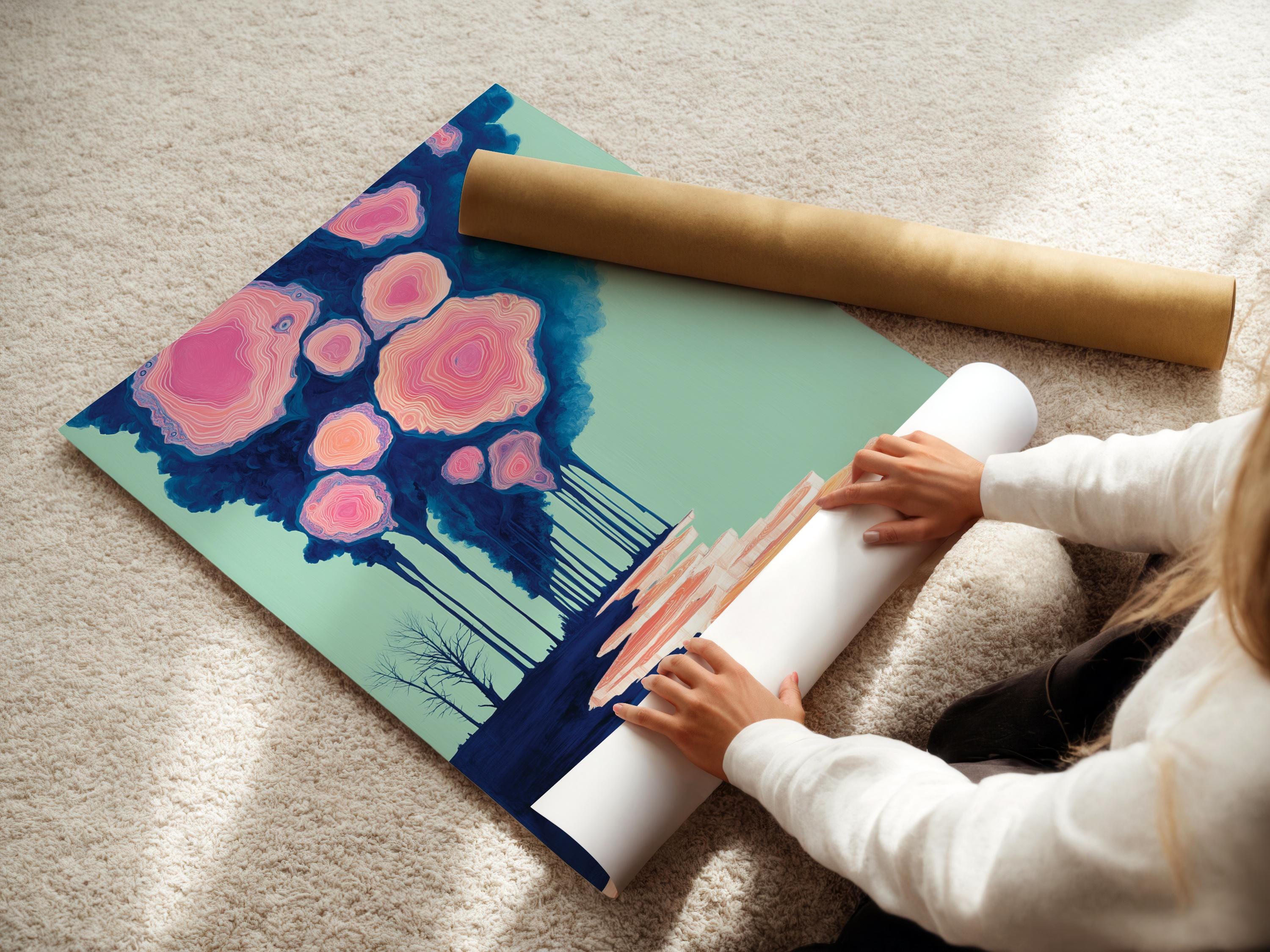 Teal and pink abstract forest scene with concentric ring-like forms and drips detail view