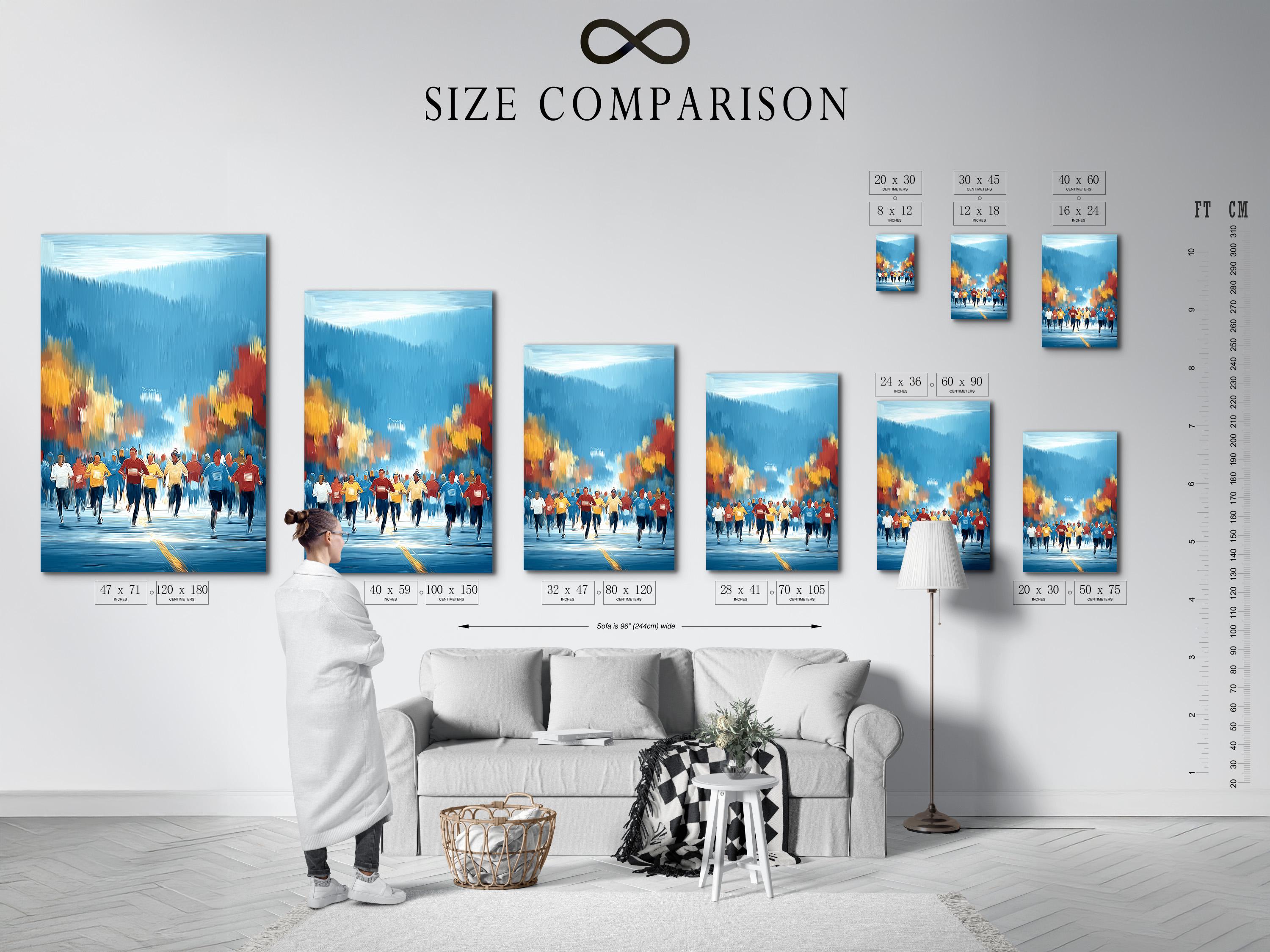 Stylised painting of runners in blue with warm gold horizon light and reflective foreground detail view