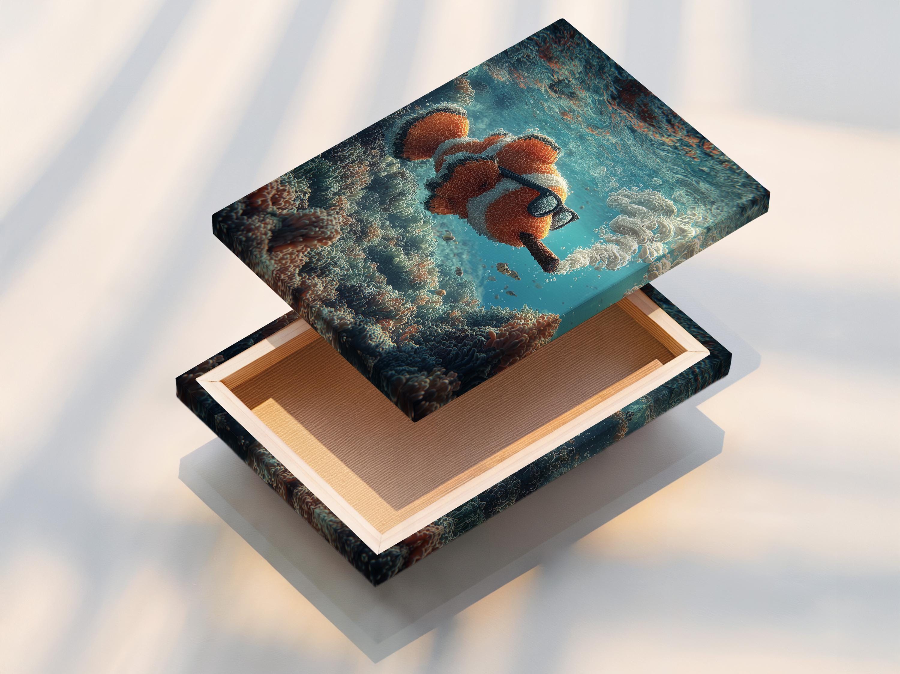 Underwater illustration of a clownfish wearing dark glasses and holding a cigar among coral and bubbles detail view