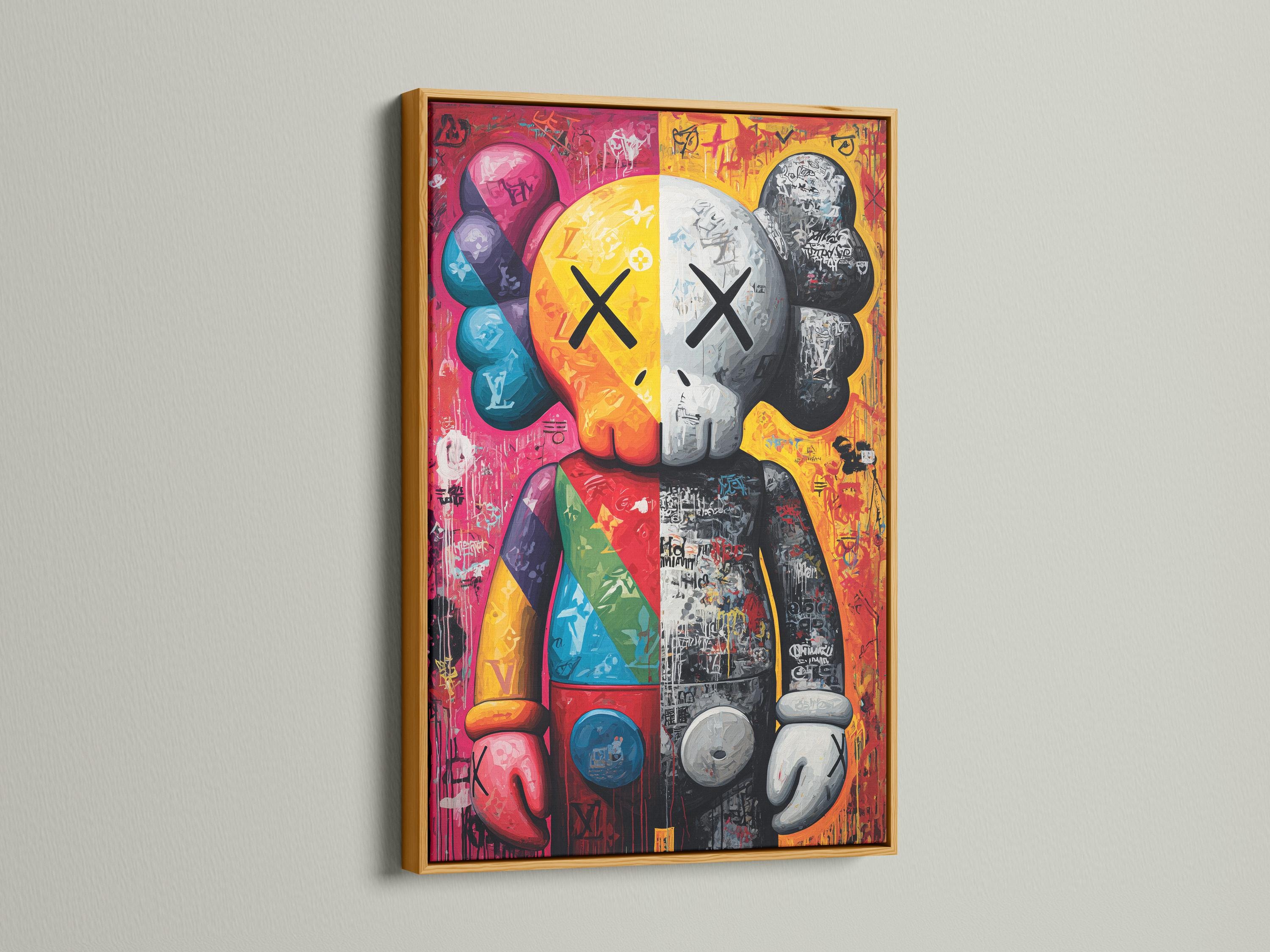 Vibrant graffiti pop art portrait with hot pink, yellow, blue and black-and-white sections detail view