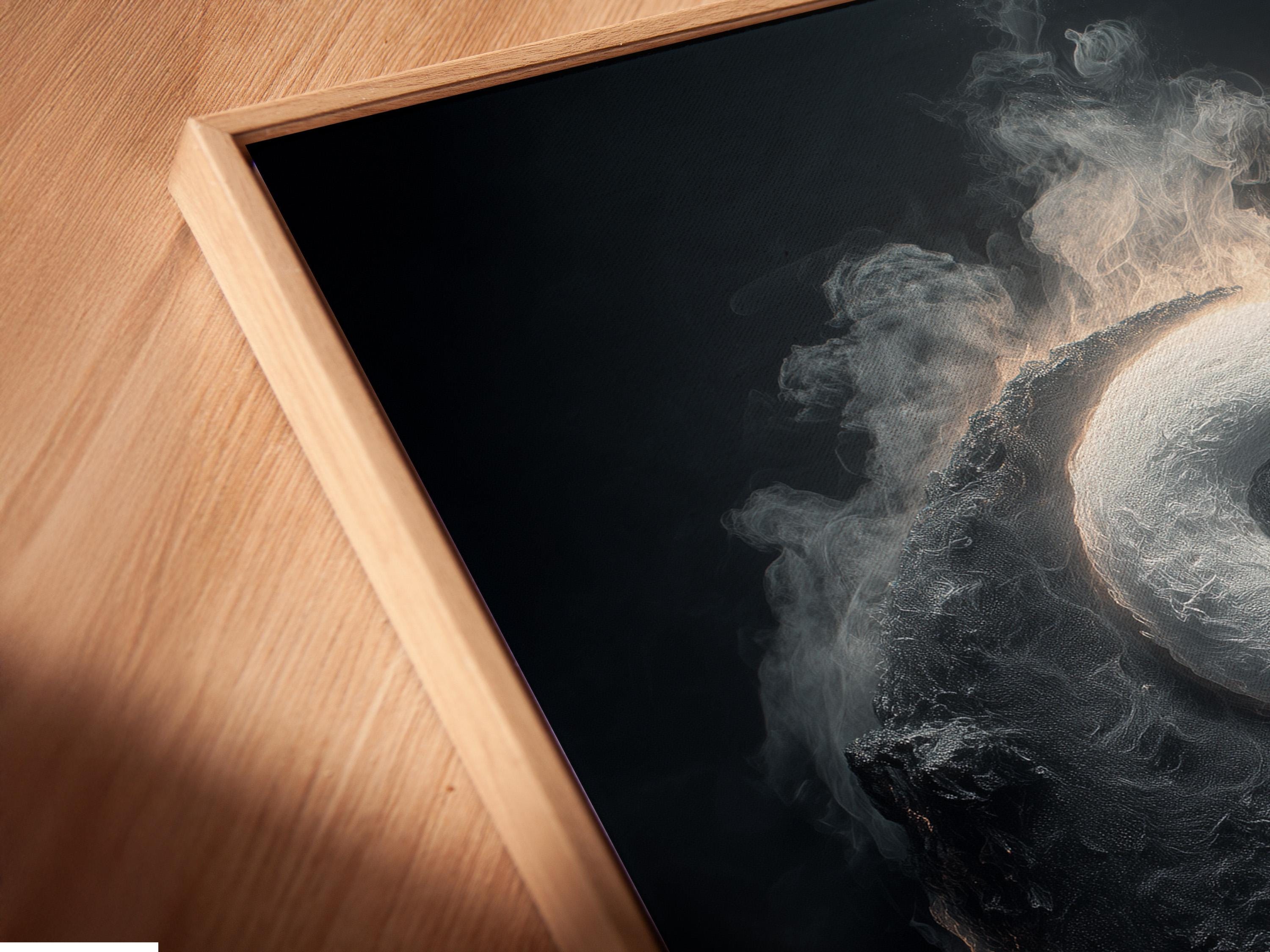 Monochrome yin yang symbol with smoky swirling texture and a glowing rim on a dark background detail view