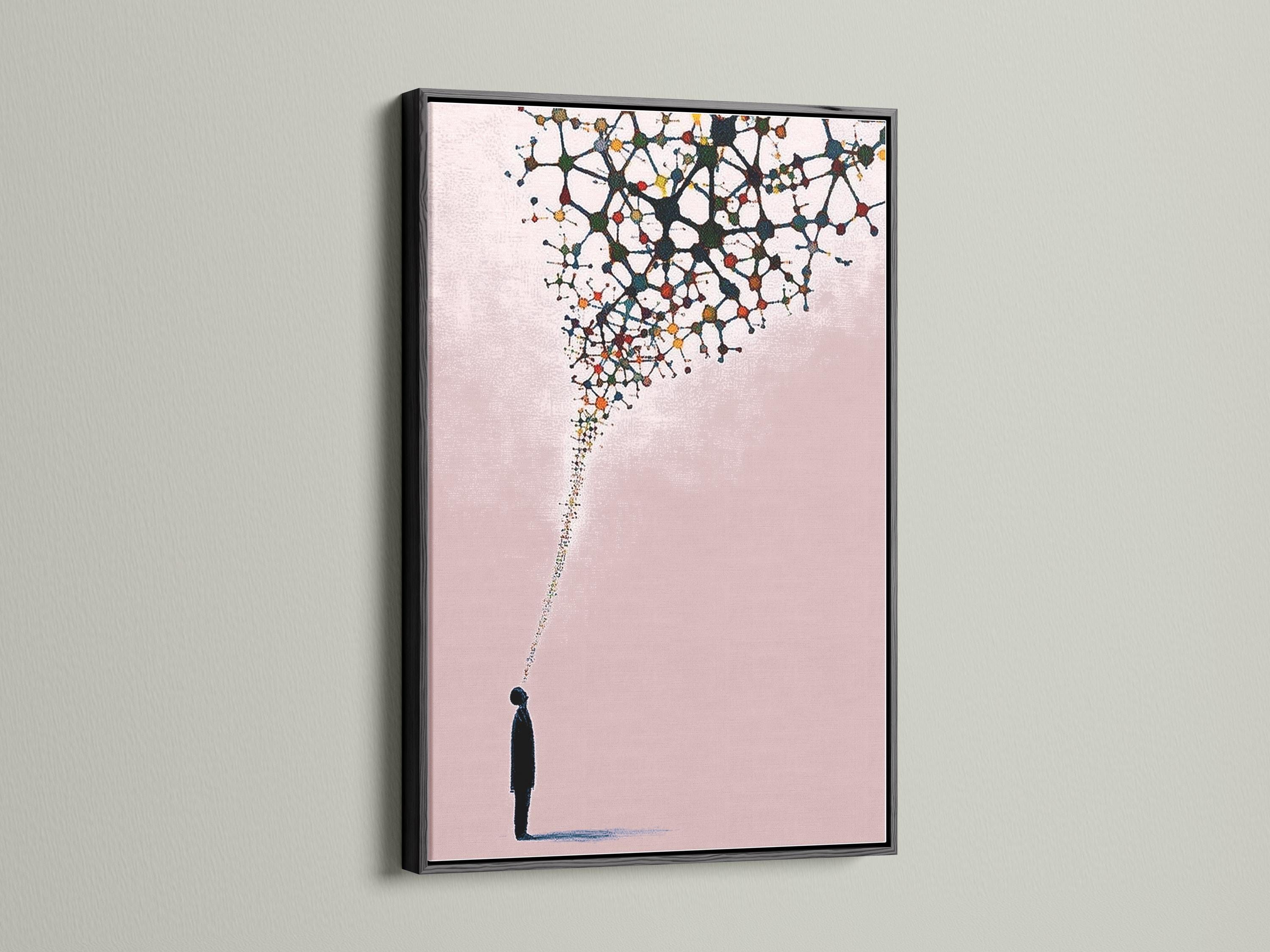 Blush pink abstract artwork with a black silhouette figure and branching network of coloured nodes detail view