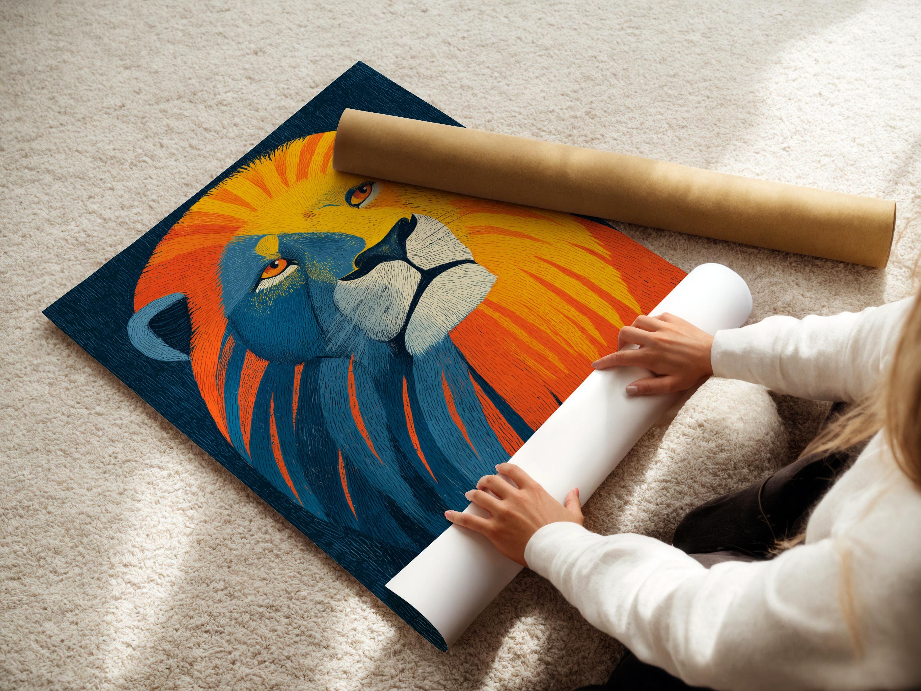 Stylised lion portrait in blue with orange and yellow mane streaks detail view