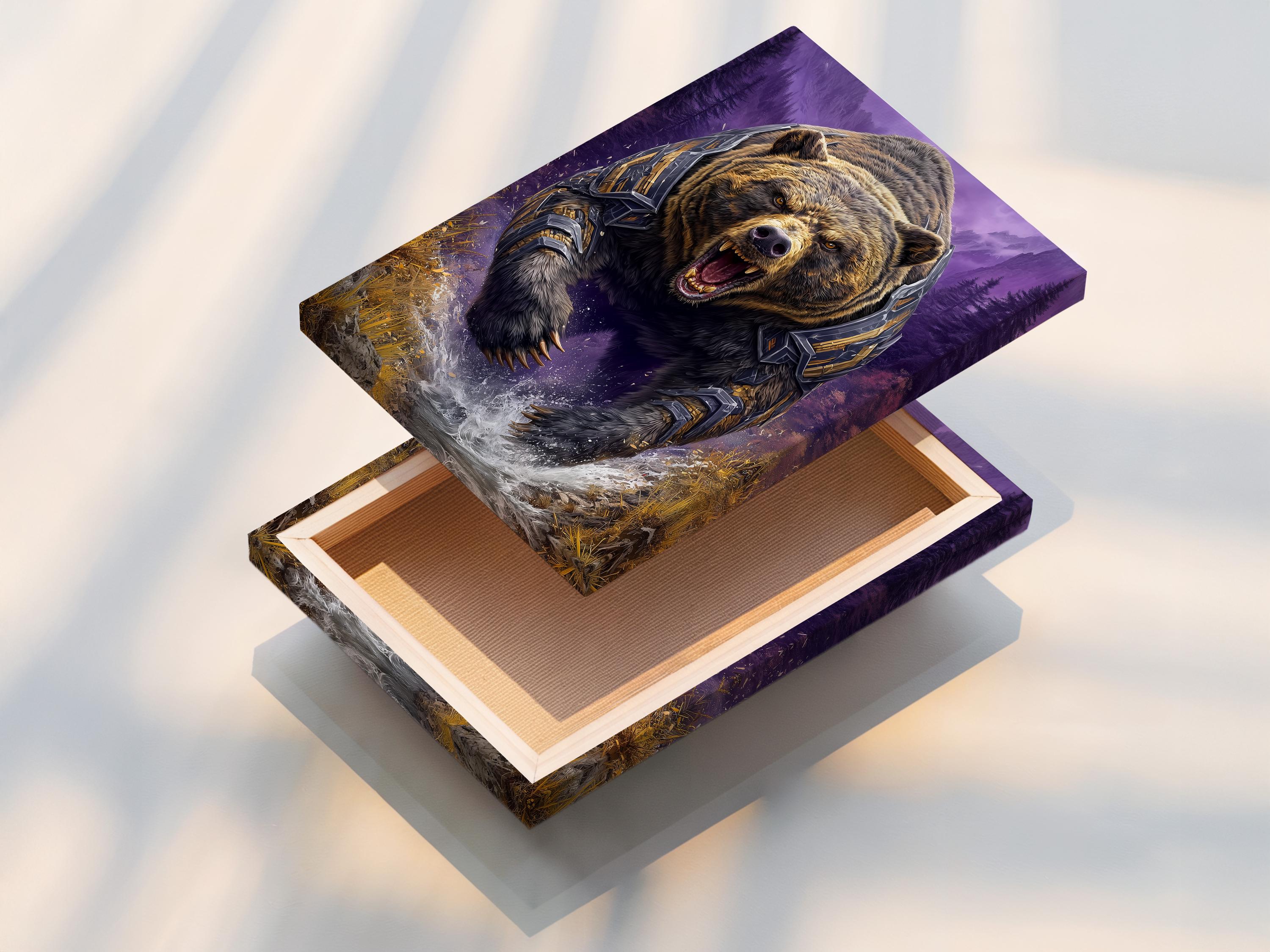 Roaring armoured bear in a purple mountain fantasy scene with gold accents and a white splash detail view