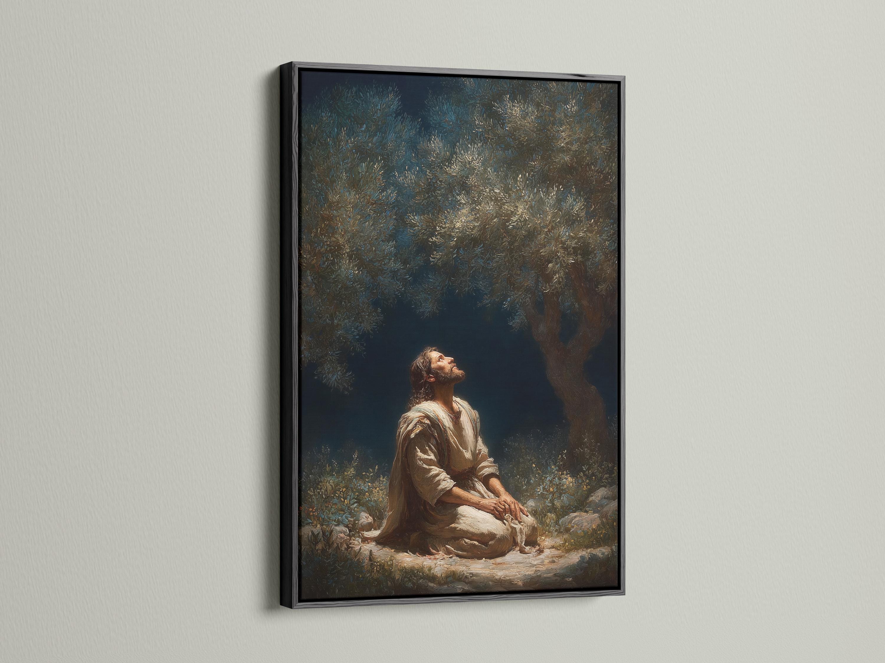 Praying figure beneath an olive-like tree with dense foliage and a deep navy background detail view