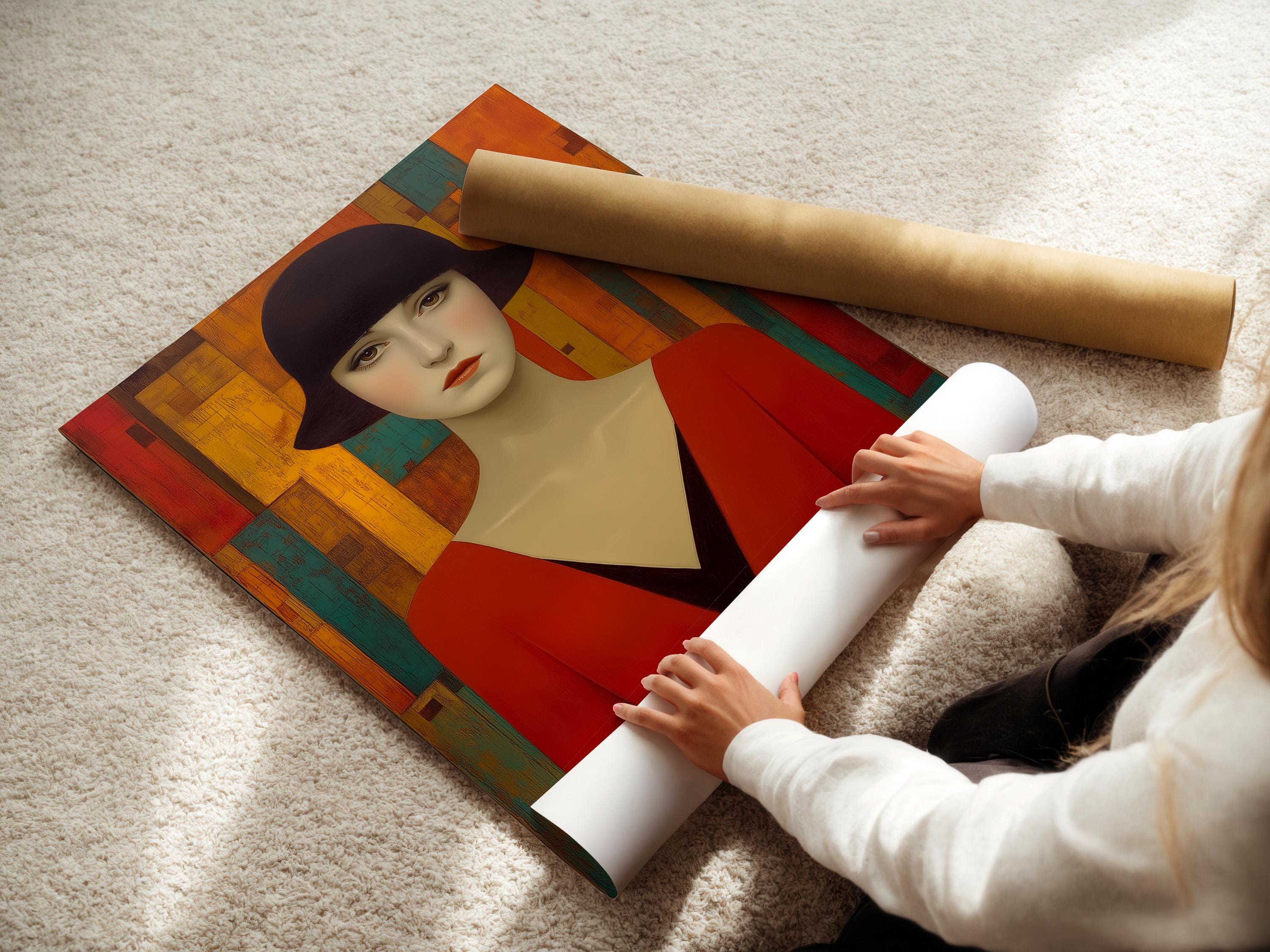 Stylised woman portrait with dark hat, red dress and geometric Art Deco blocks in red, gold and teal detail view