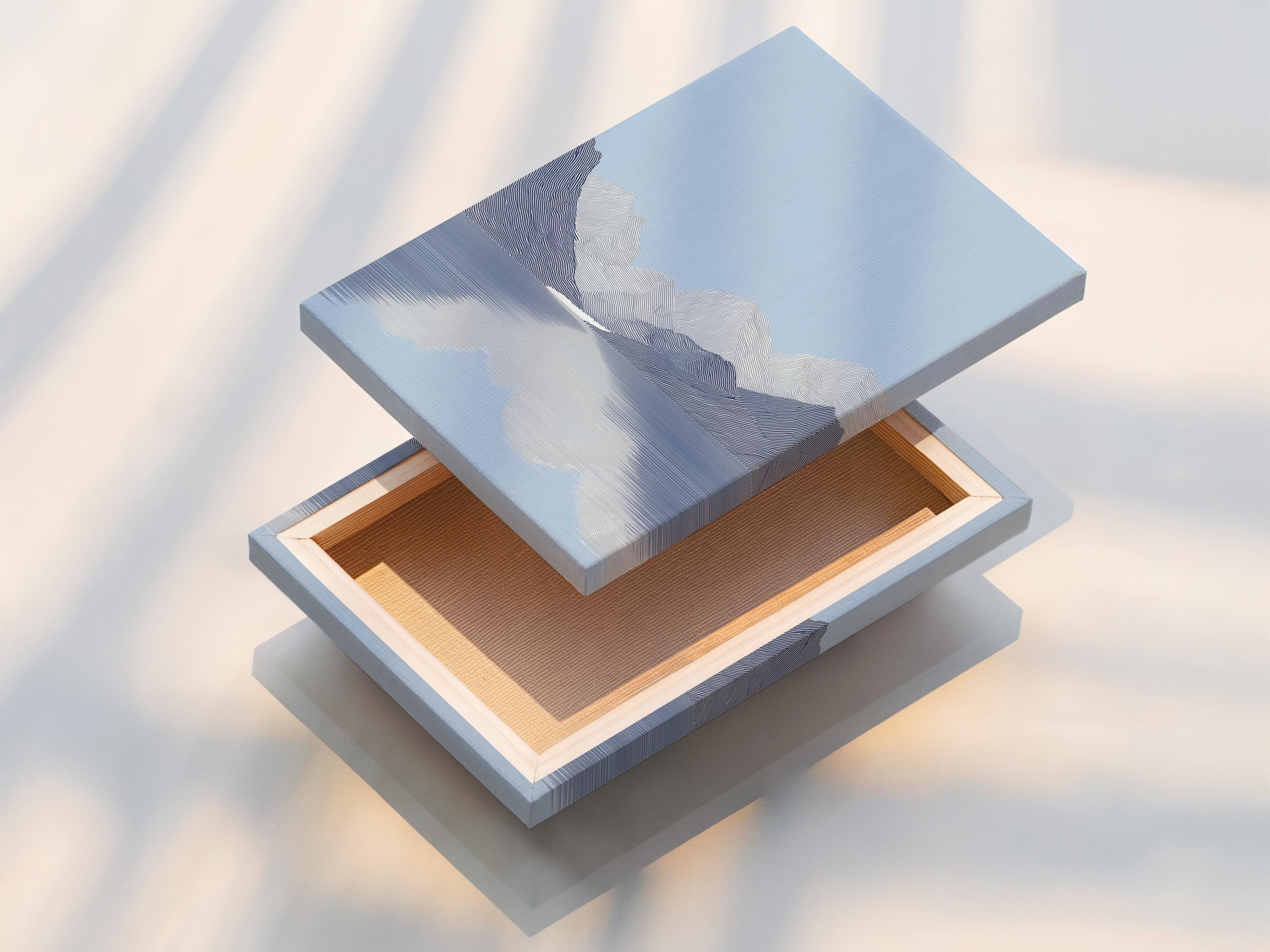 Minimalist light blue mountain landscape with layered contour lines and reflective water detail view