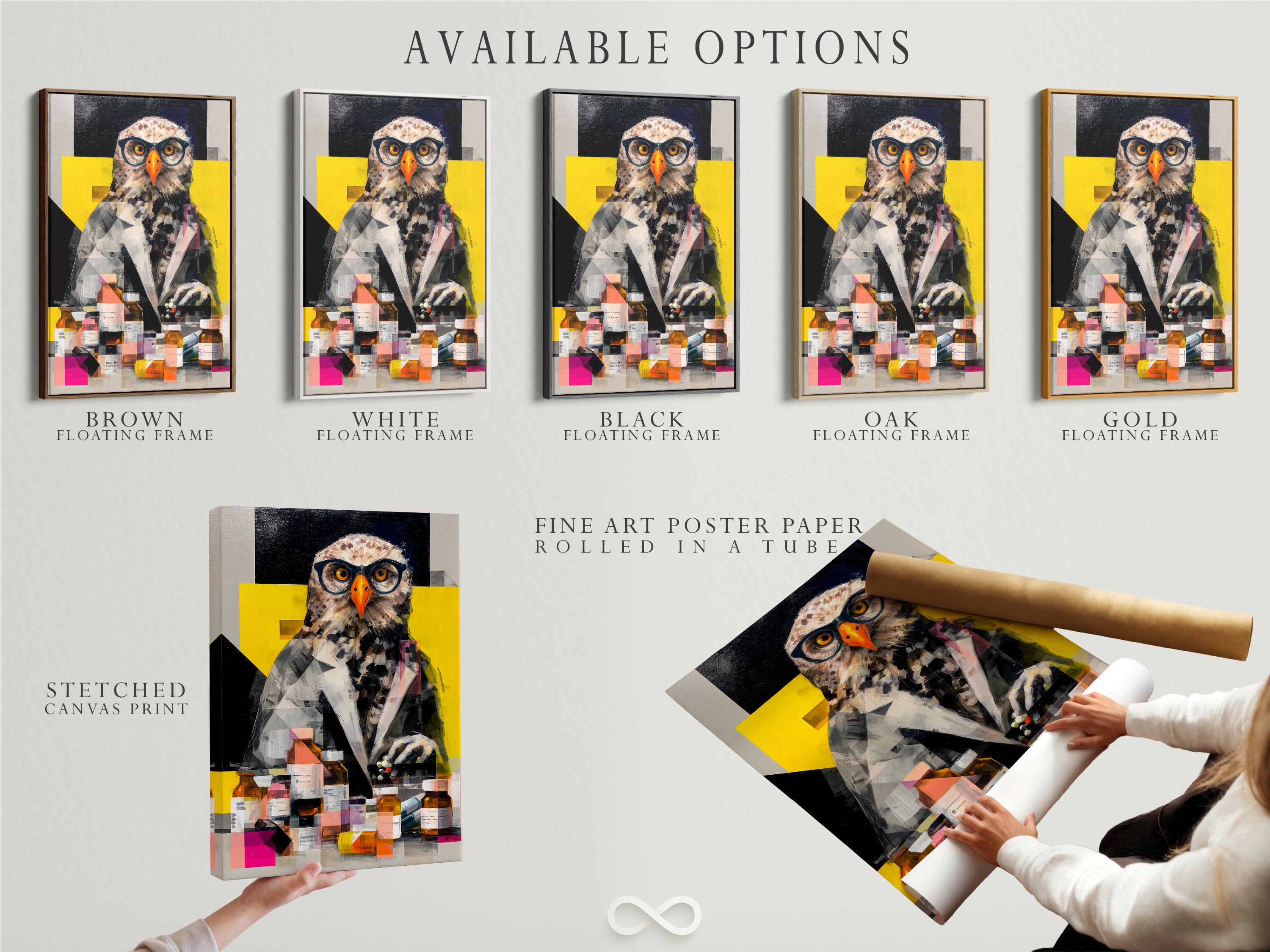 Geometric owl portrait with spectacles and lab bottles in black, grey, yellow and orange detail view