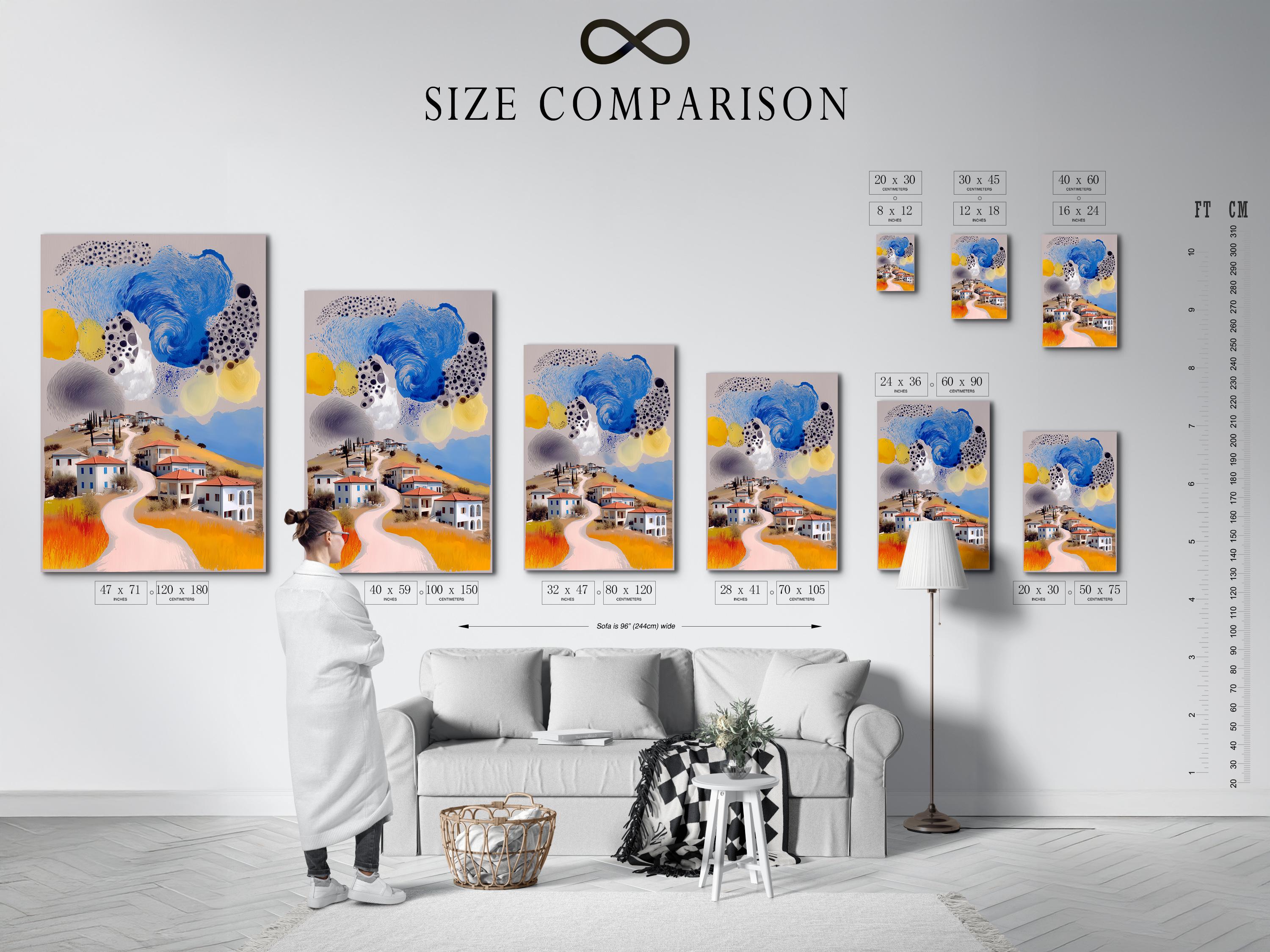 Room mockup featuring a framed stylised village landscape artwork with a swirling blue sky