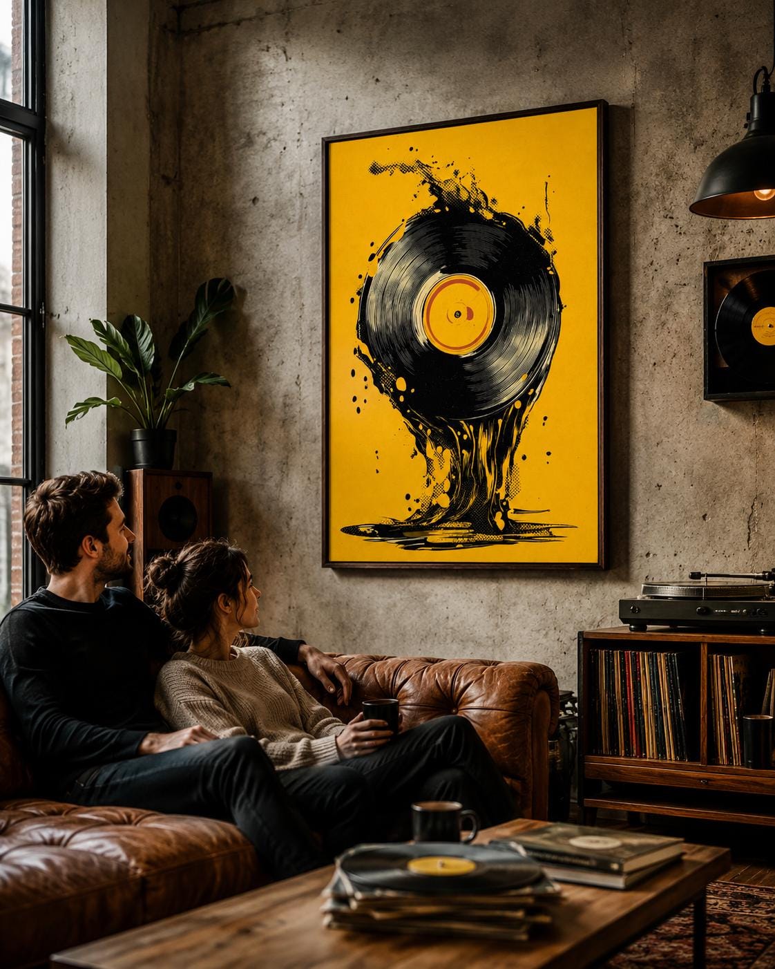 A man wearing headphones beside a music setup with a vinyl record artwork on a wall