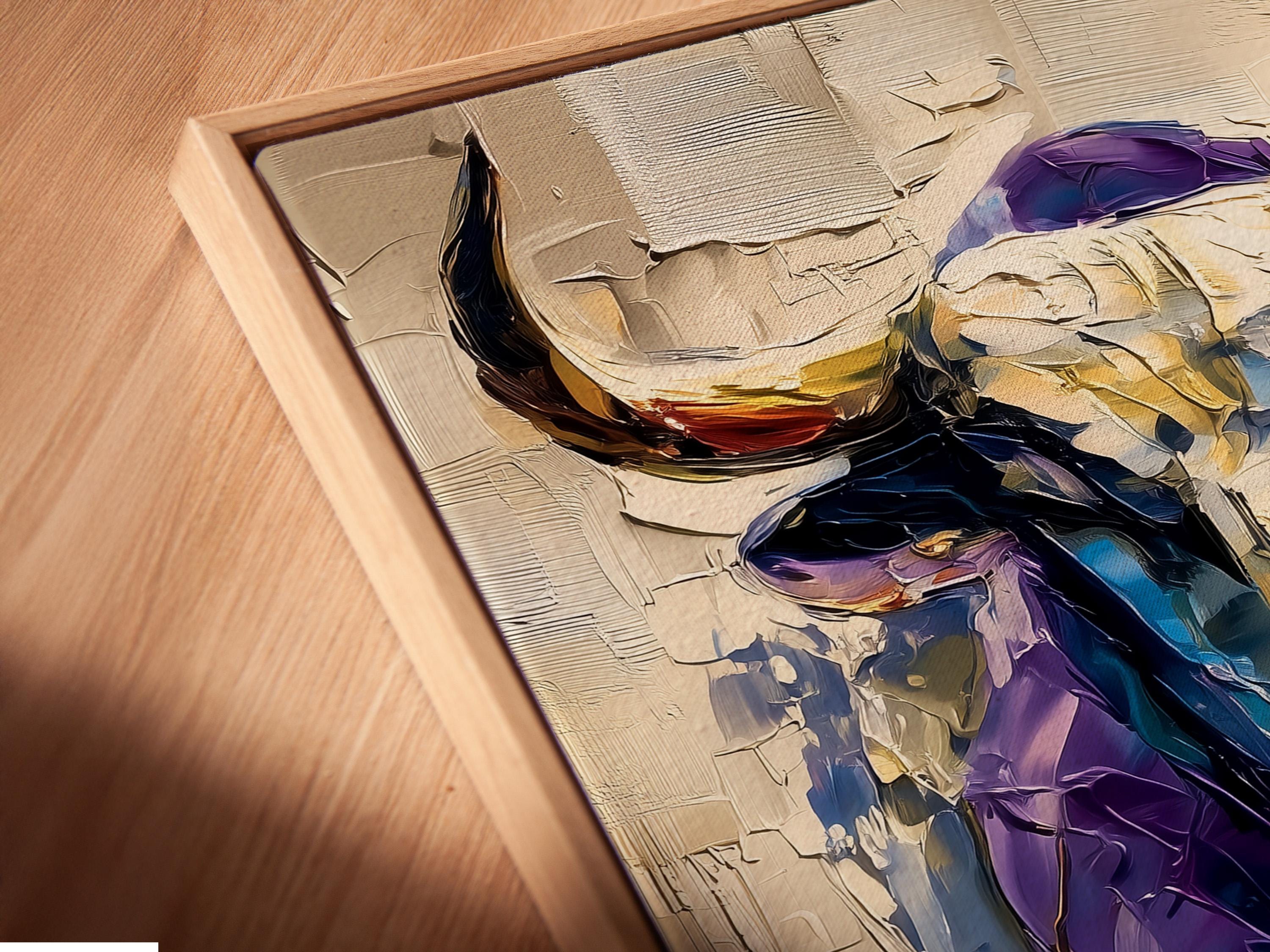 Stylised bull portrait with purple and blue tones, gold accents and a textured beige background detail view