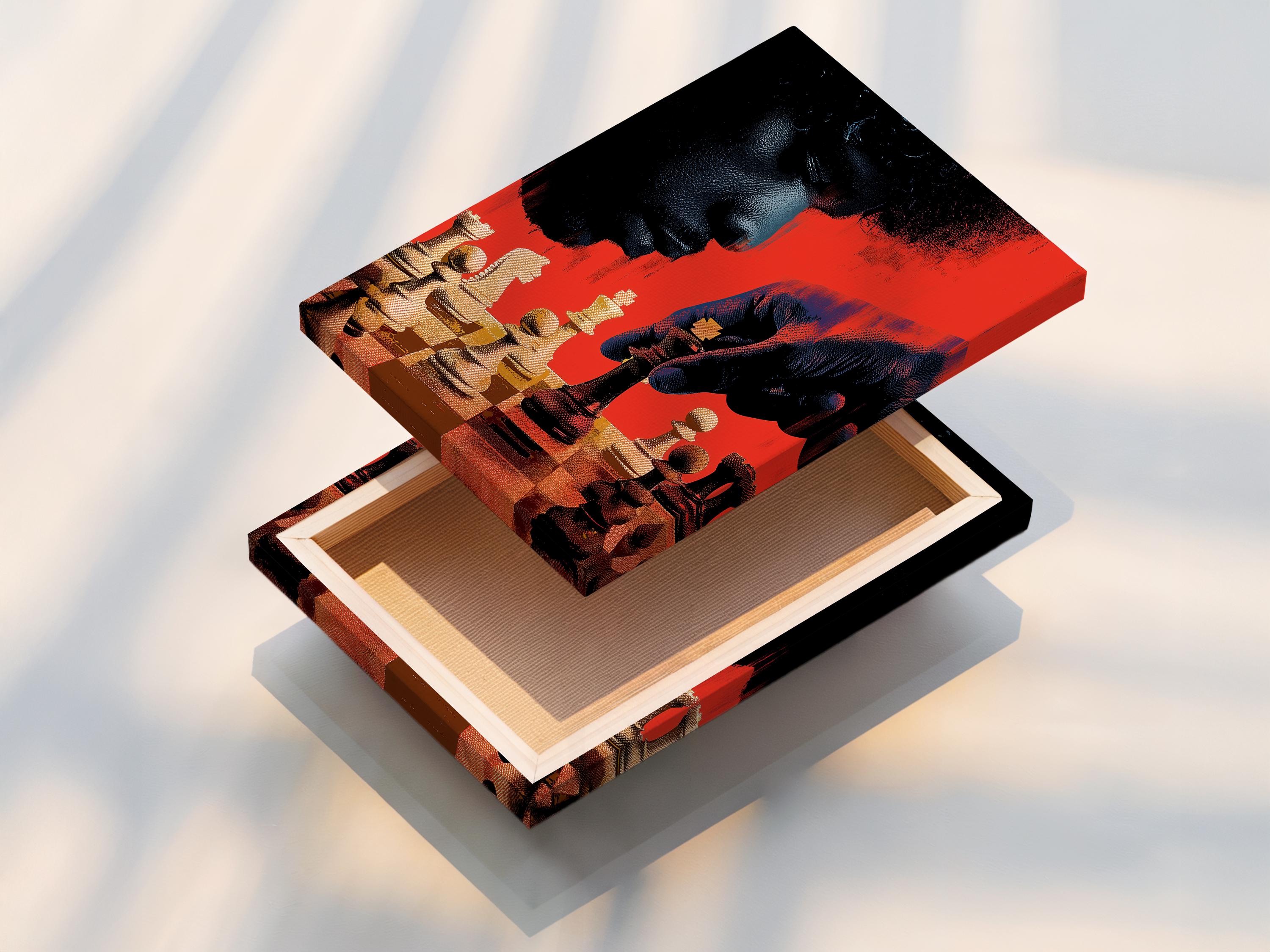 Abstract chess composition with red and black background and warm gold chess pieces detail view