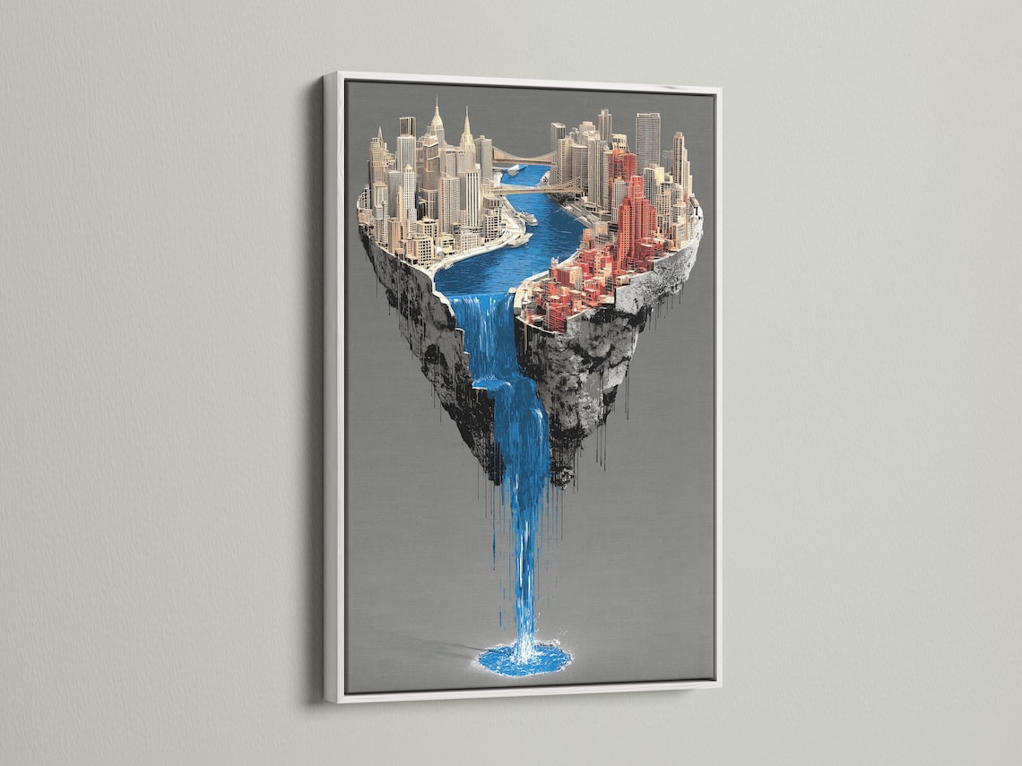 Surreal city skyline with a bright blue waterfall spilling down a floating island detail view