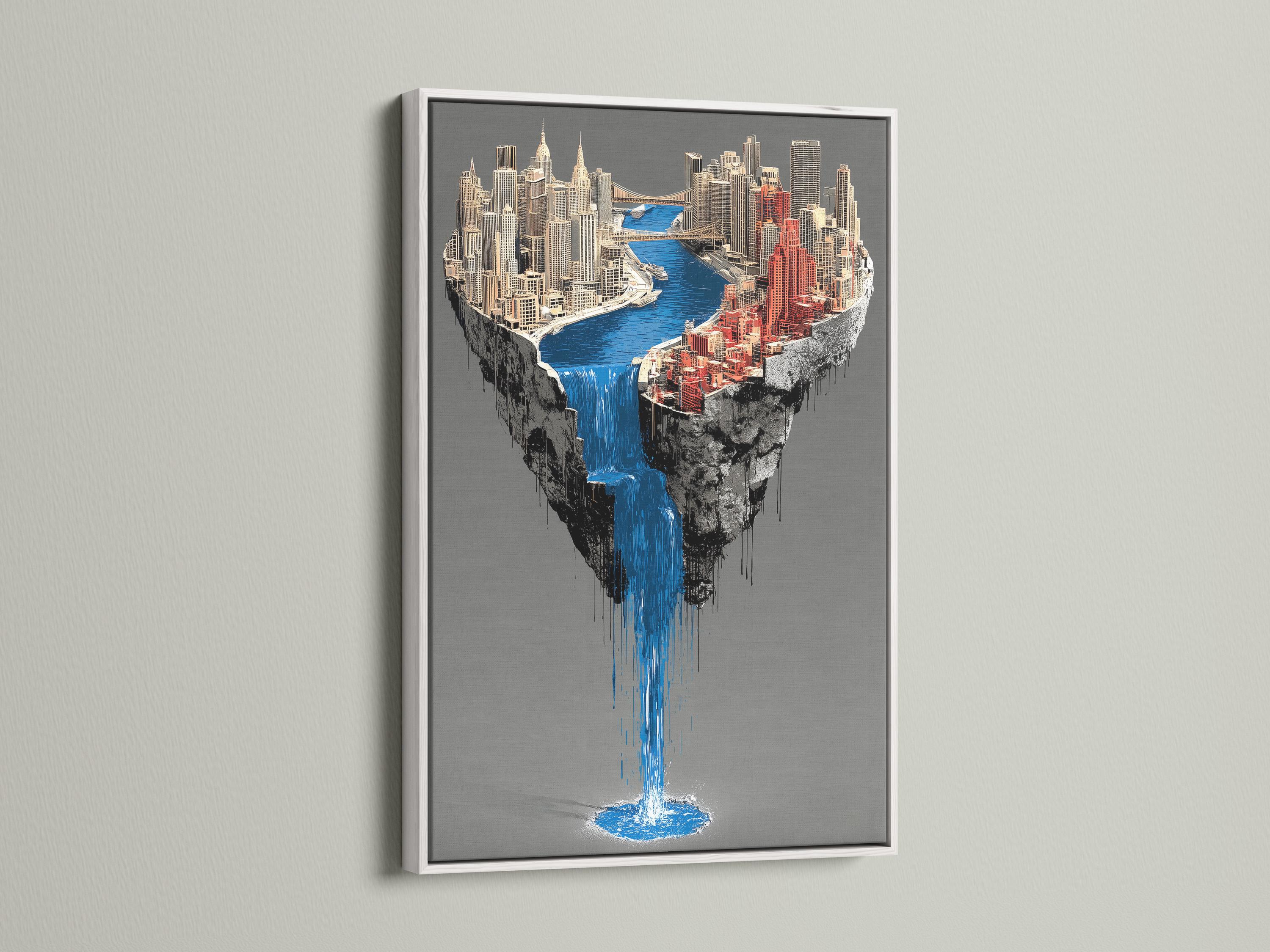 Surreal city skyline with a bright blue waterfall spilling down a floating island detail view