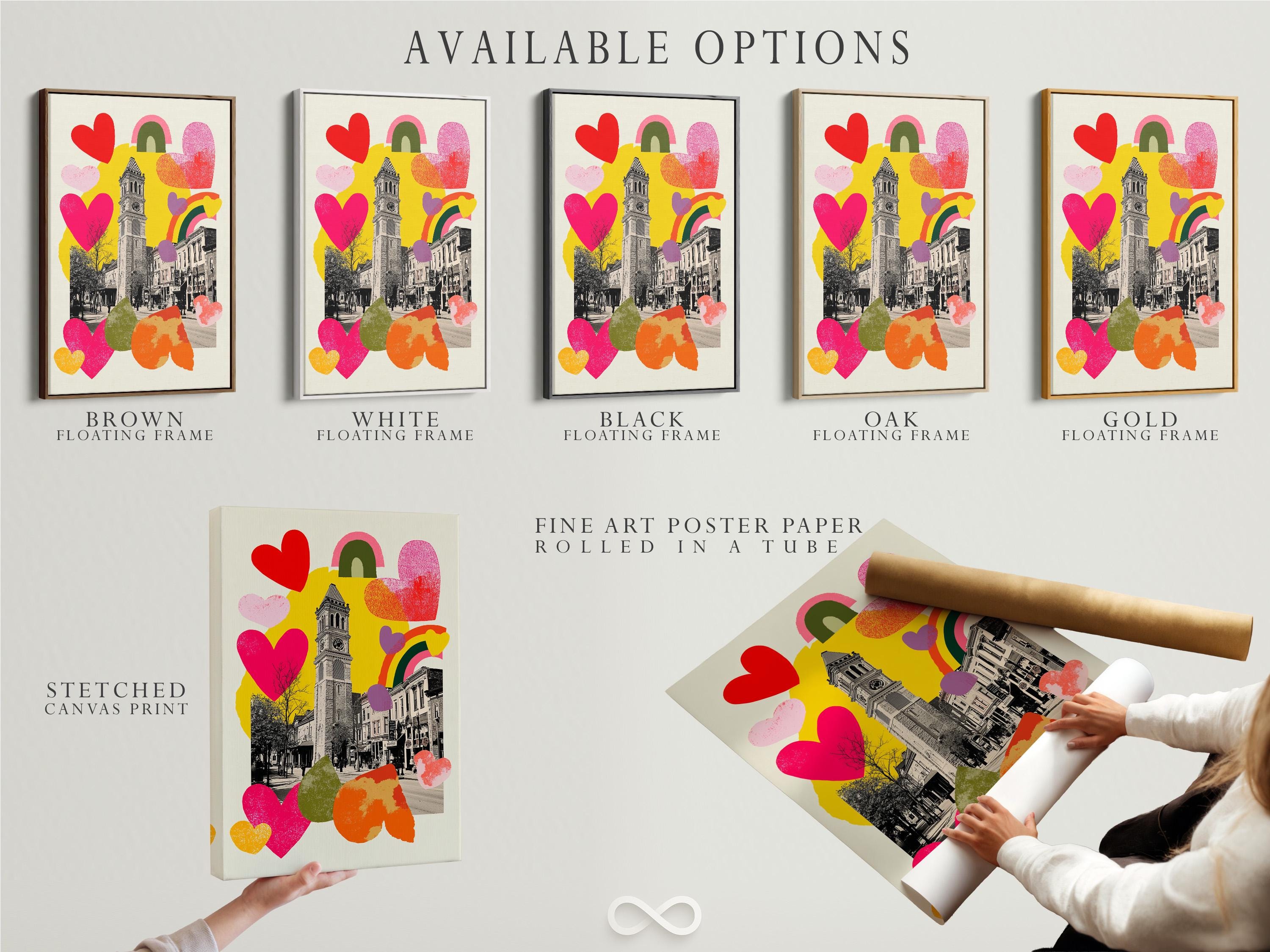 Retro cityscape with a clock tower overlaid by colourful hearts and rainbow shapes detail view