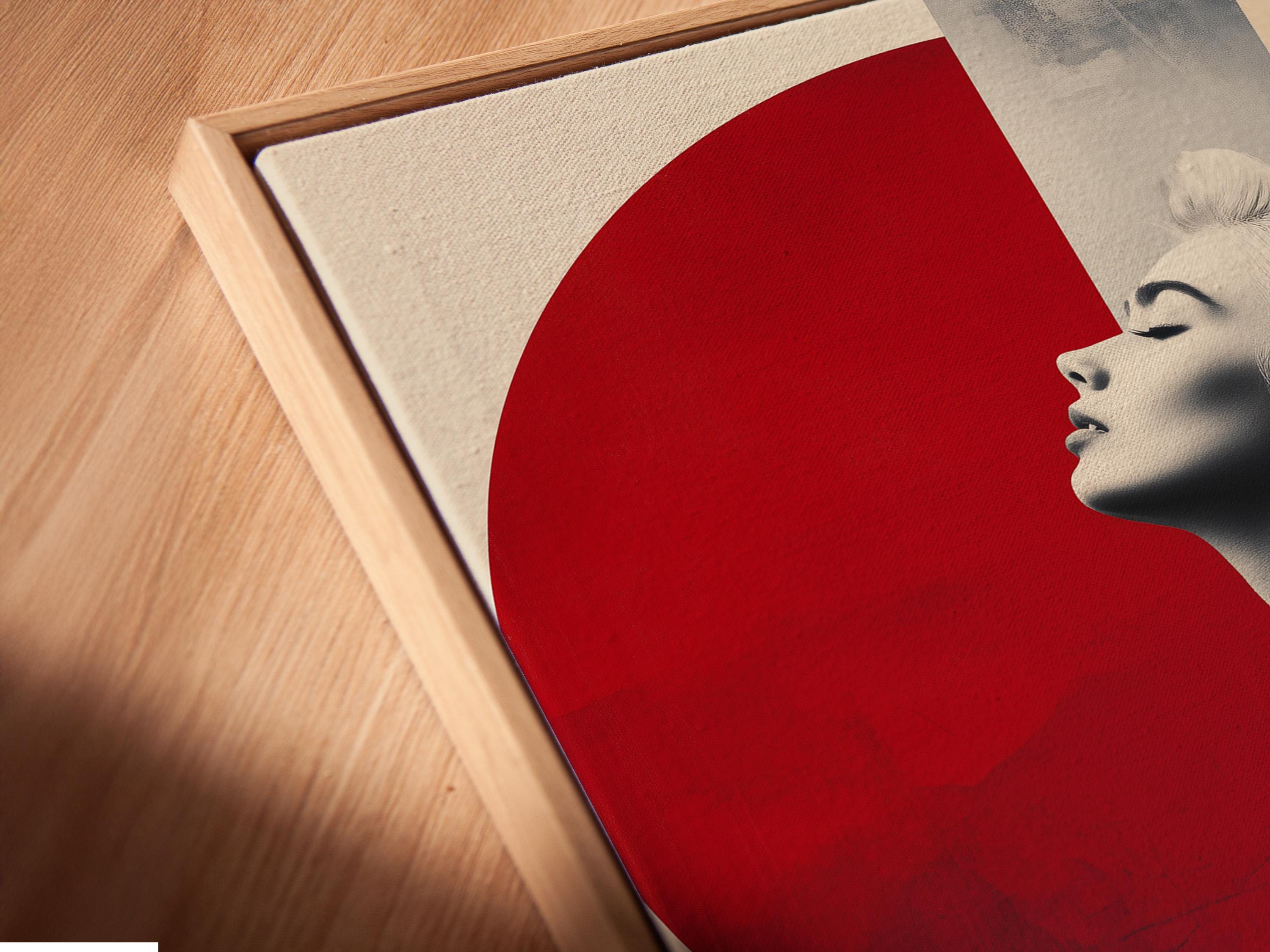 Monochrome portrait of a blonde woman with large red vinyl circle accents and a turntable detail view