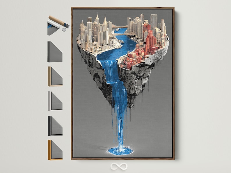 Surreal city skyline with a bright blue waterfall spilling down a floating island