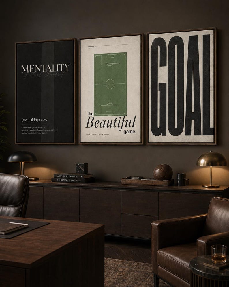 Three-panel football typography artwork with a green pitch diagram and bold lettering