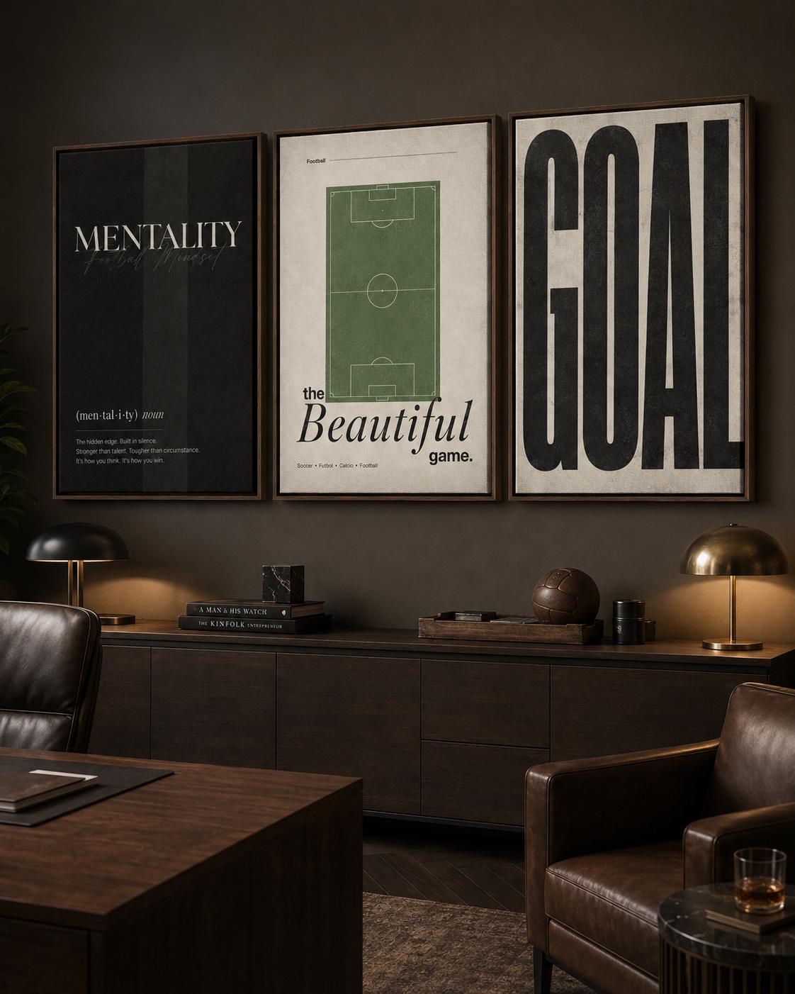 Three-panel football typography artwork with a green pitch diagram and bold lettering