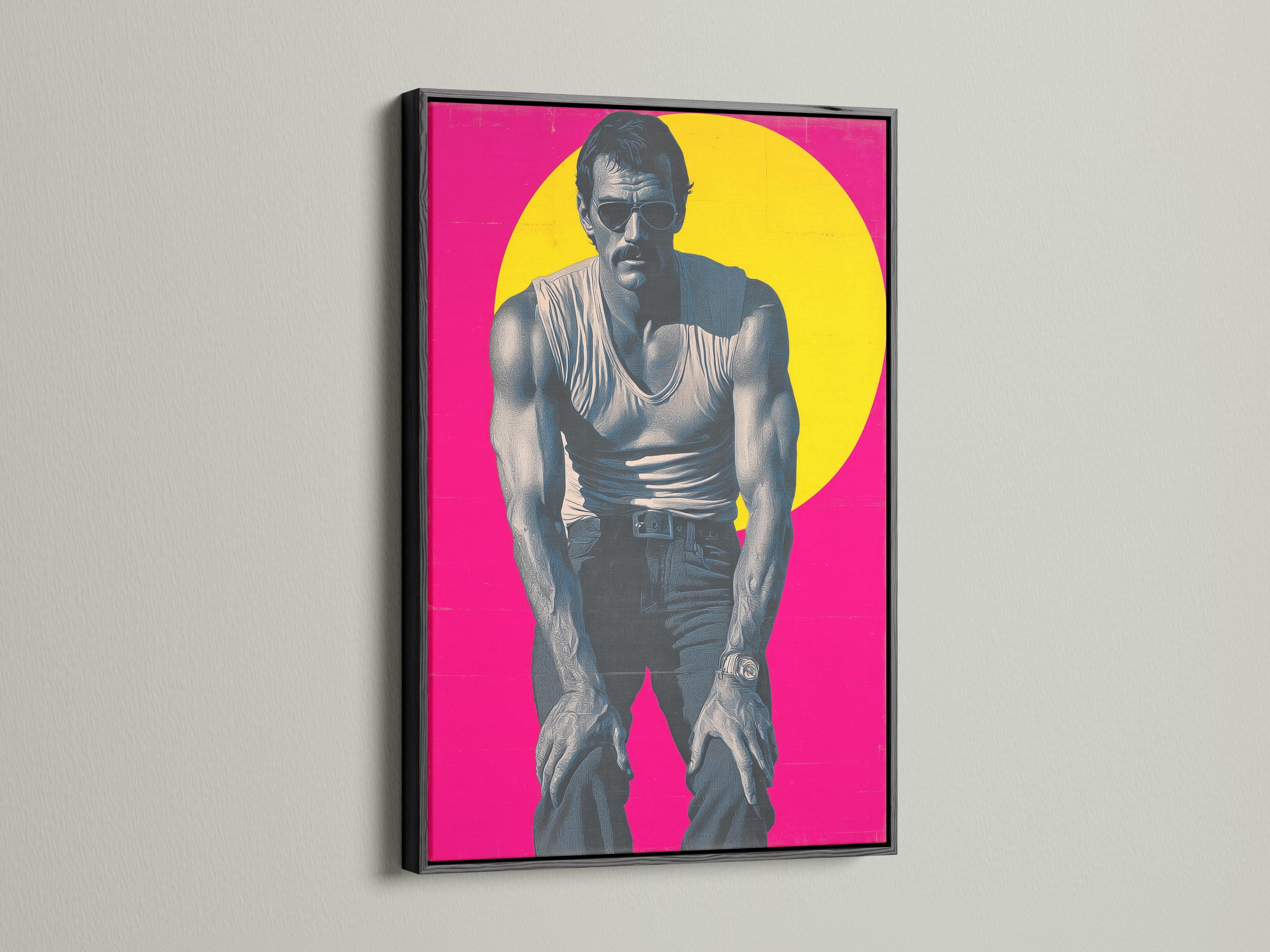 Retro pop art portrait of a man with sunglasses and tattoos on a hot pink background detail view