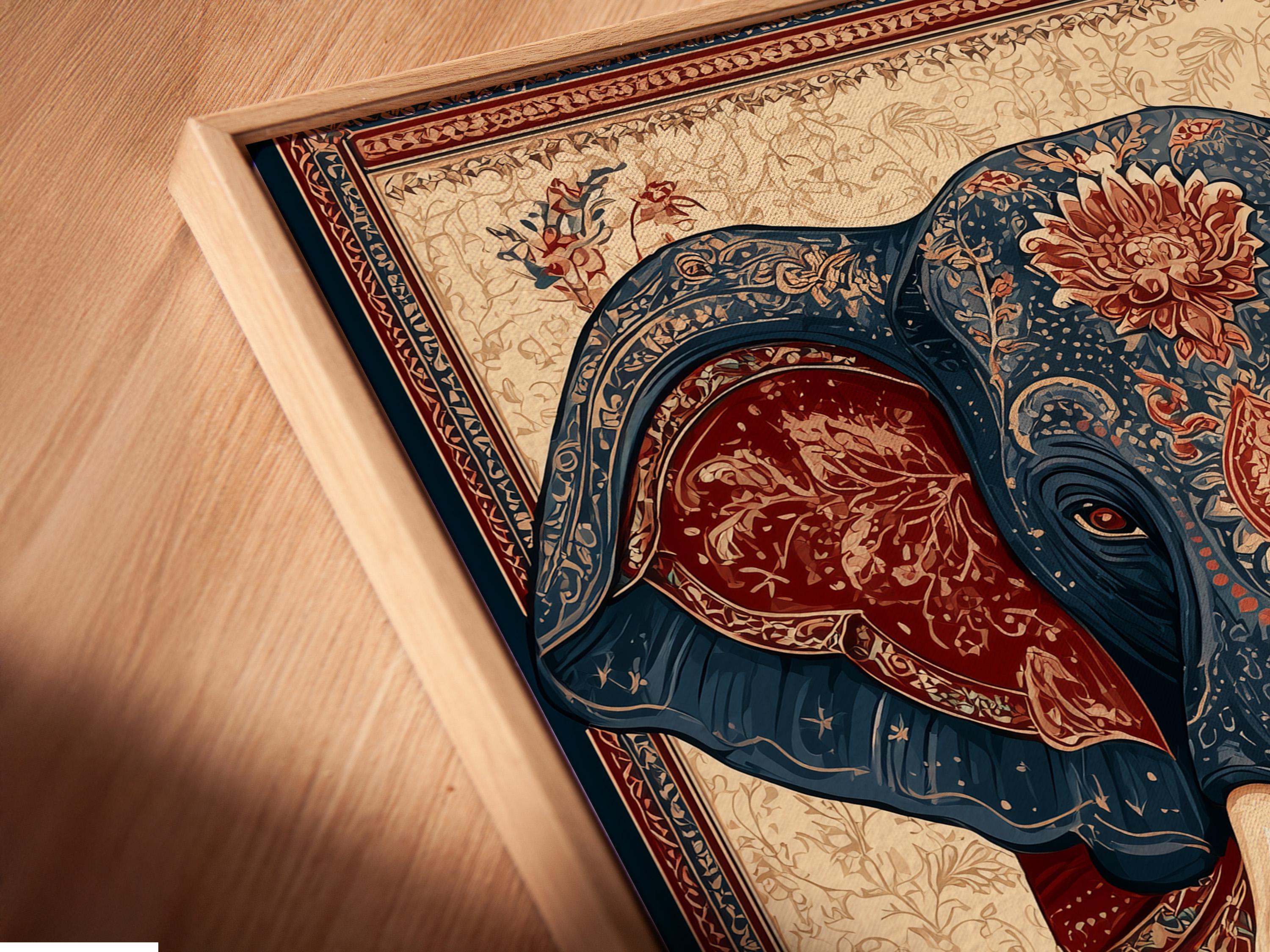 Elephant portrait illustration in deep blue with beige tusks, framed by ornate floral border patterns detail view