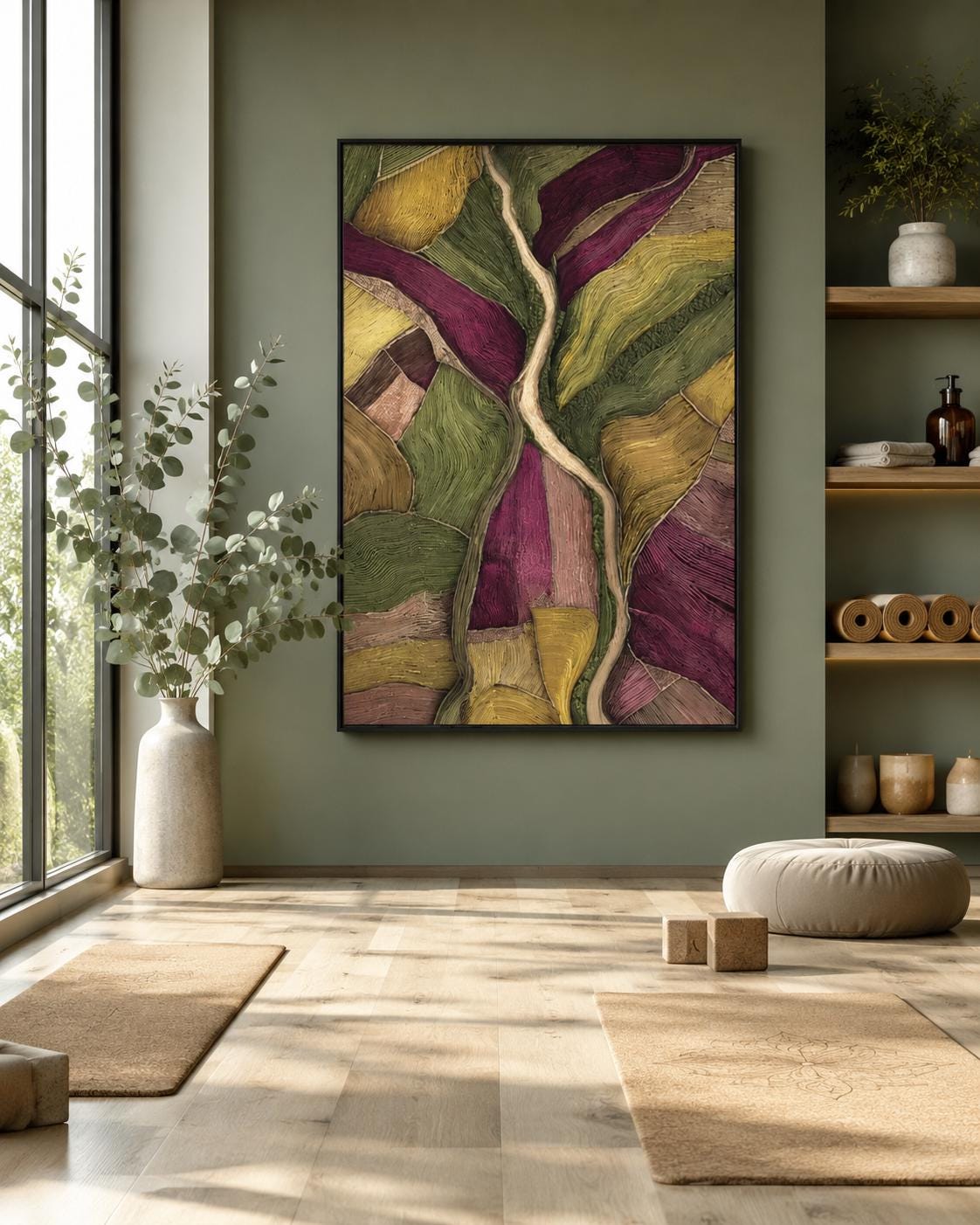 Room mockup with a framed abstract landscape artwork in green and plum tones