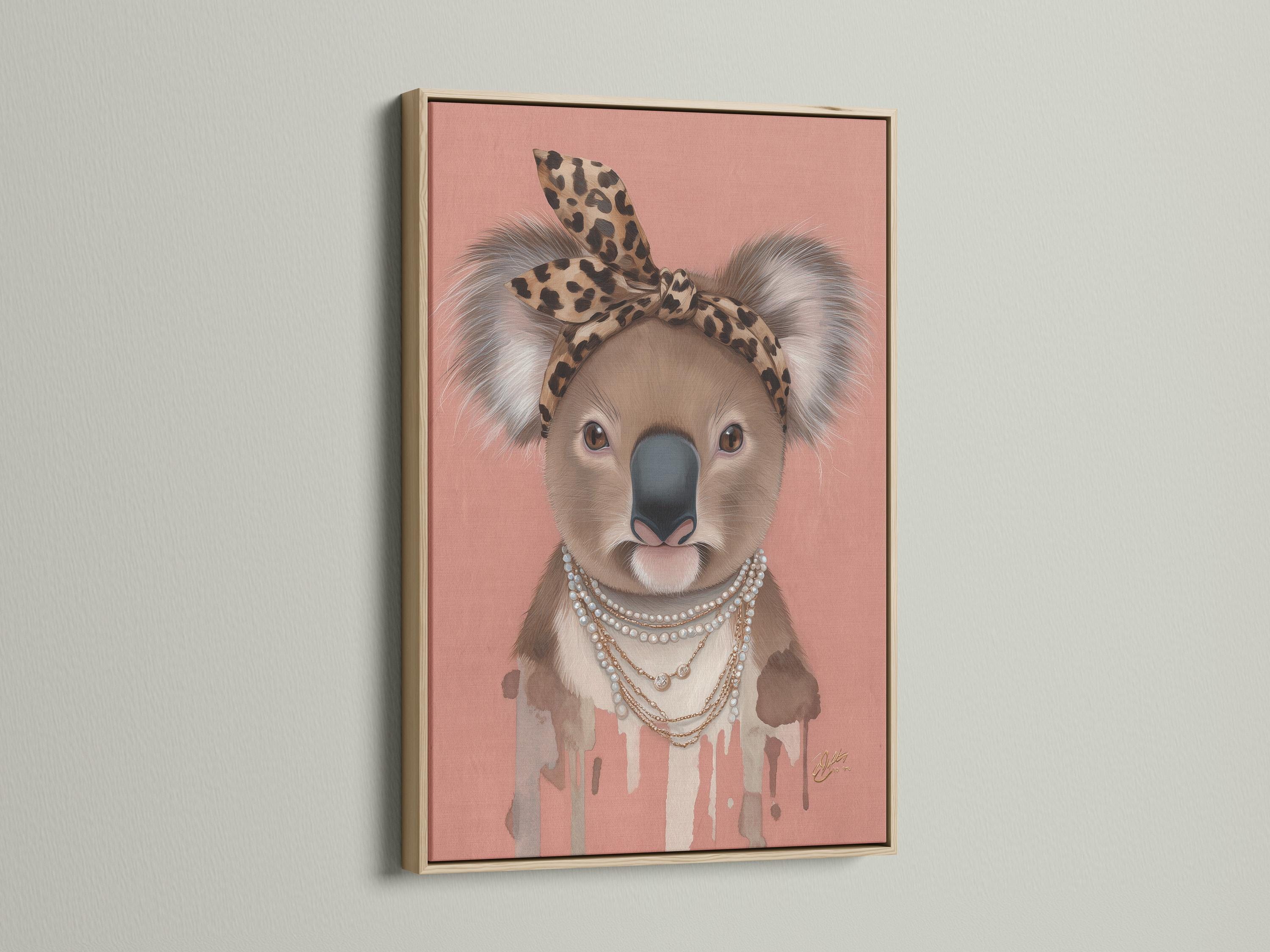 Koala portrait with leopard headband and pearl necklace on a dusty pink background detail view