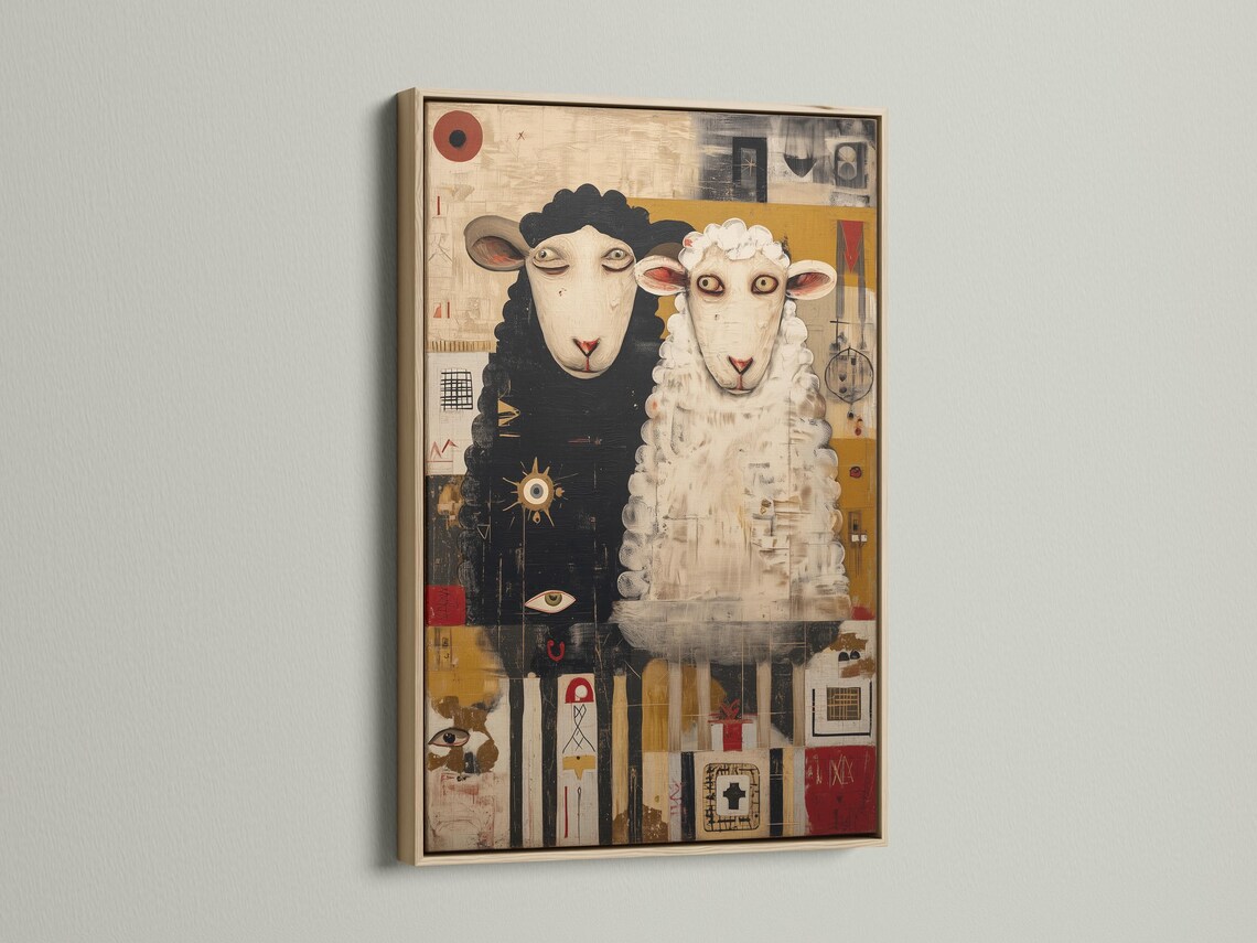 Room mockup showing a framed sheep duo artwork