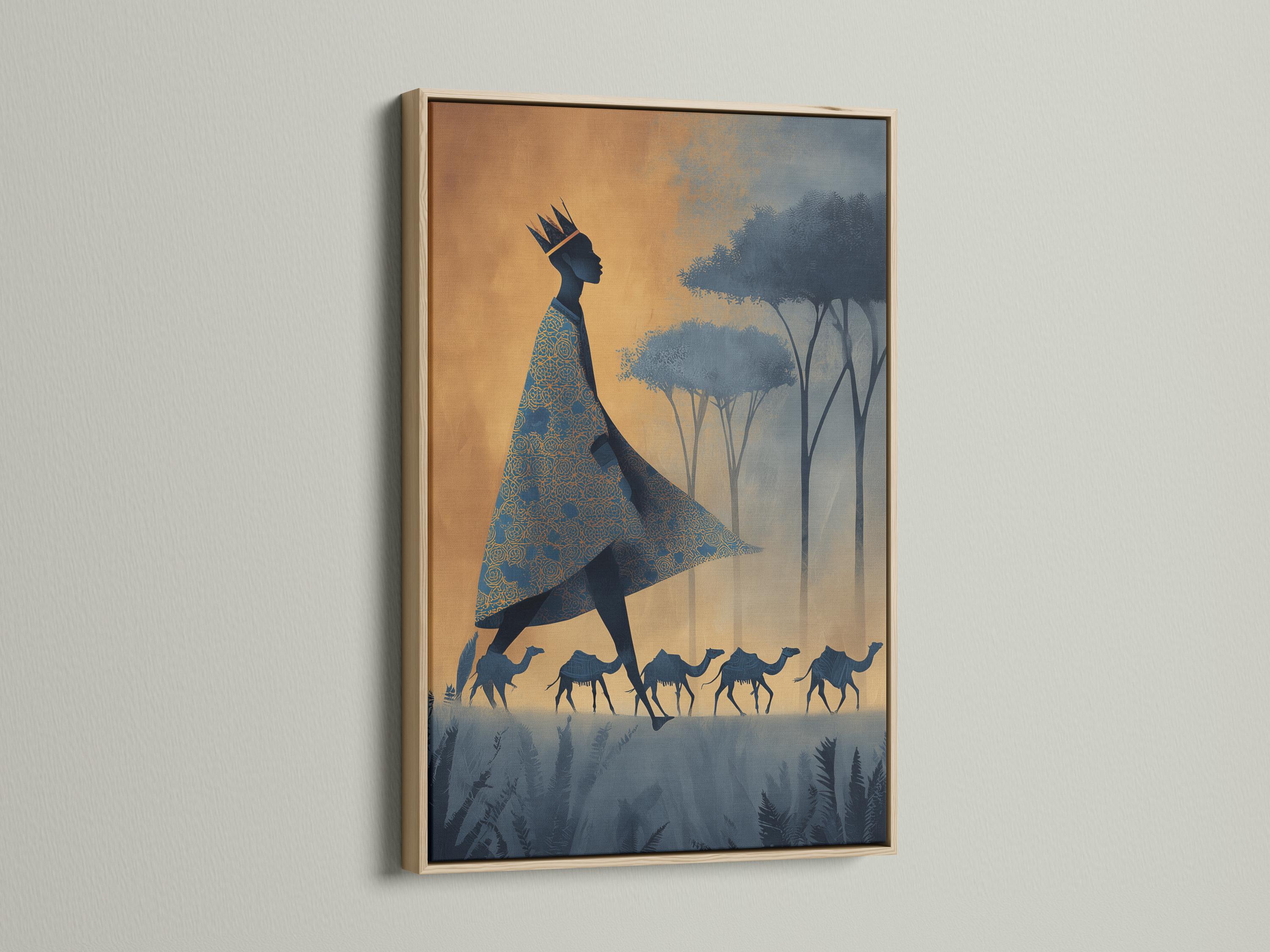 Crowned woman silhouette with camels in a gold and navy desert scene detail view
