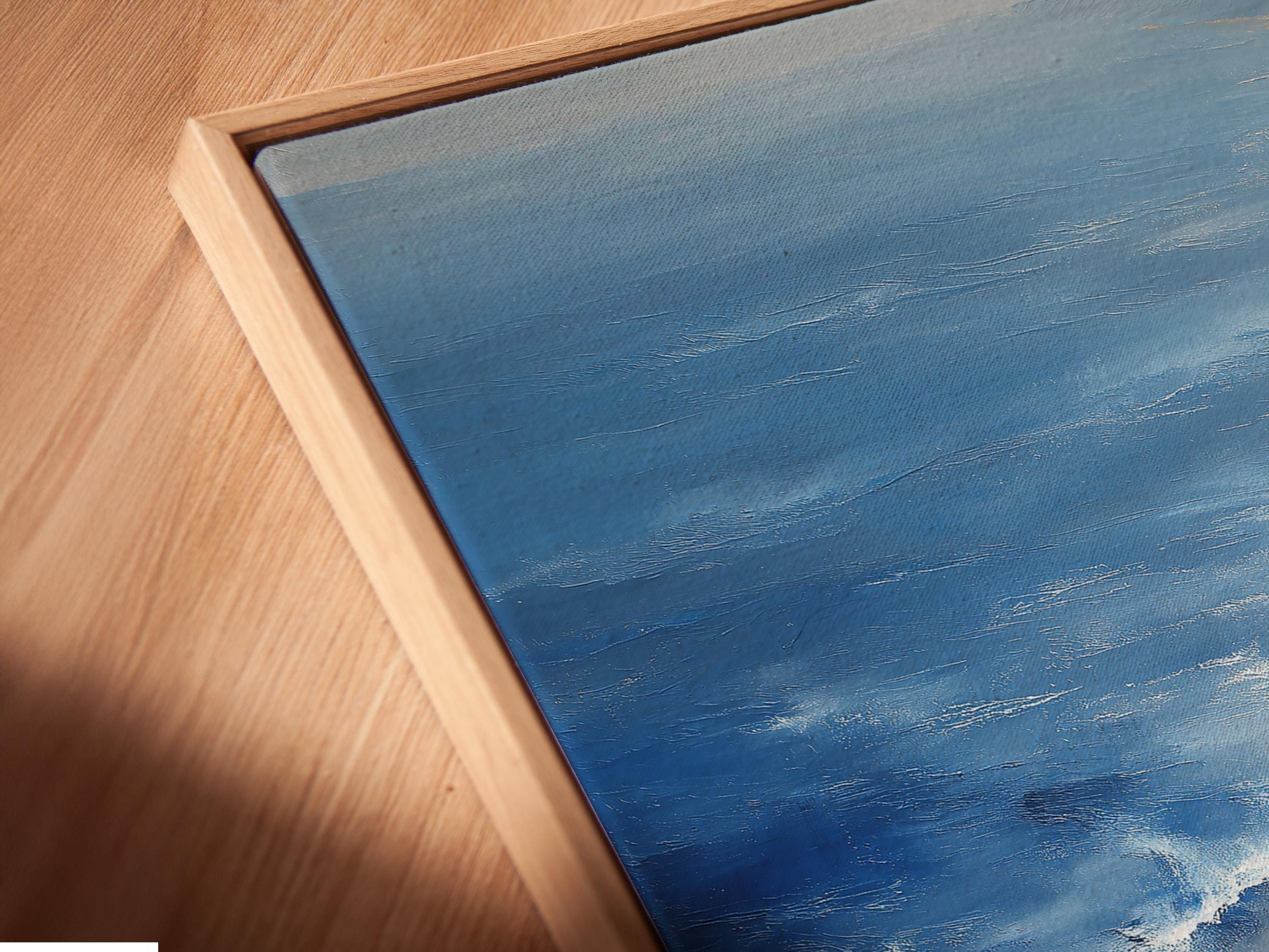 Painterly navy blue and gold seascape with ocean waves, beach light and a small silhouette detail view
