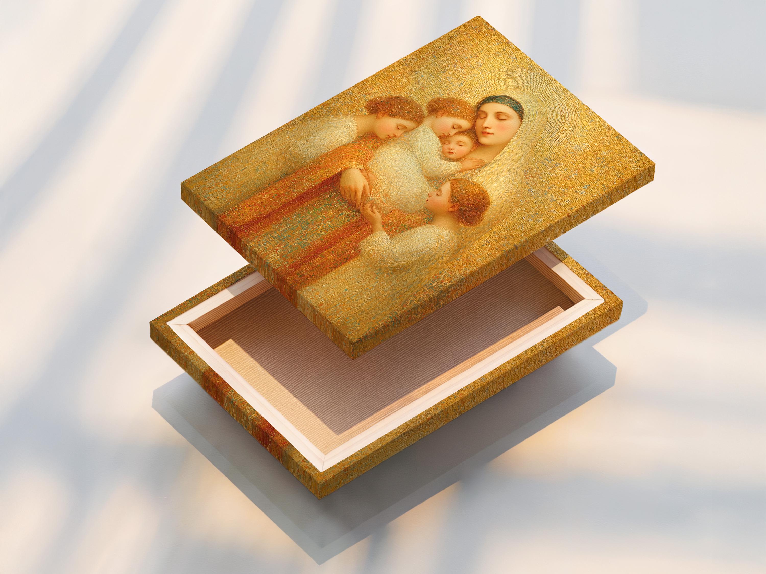 Gold religious portrait of a haloed mother holding children against a mosaic background detail view
