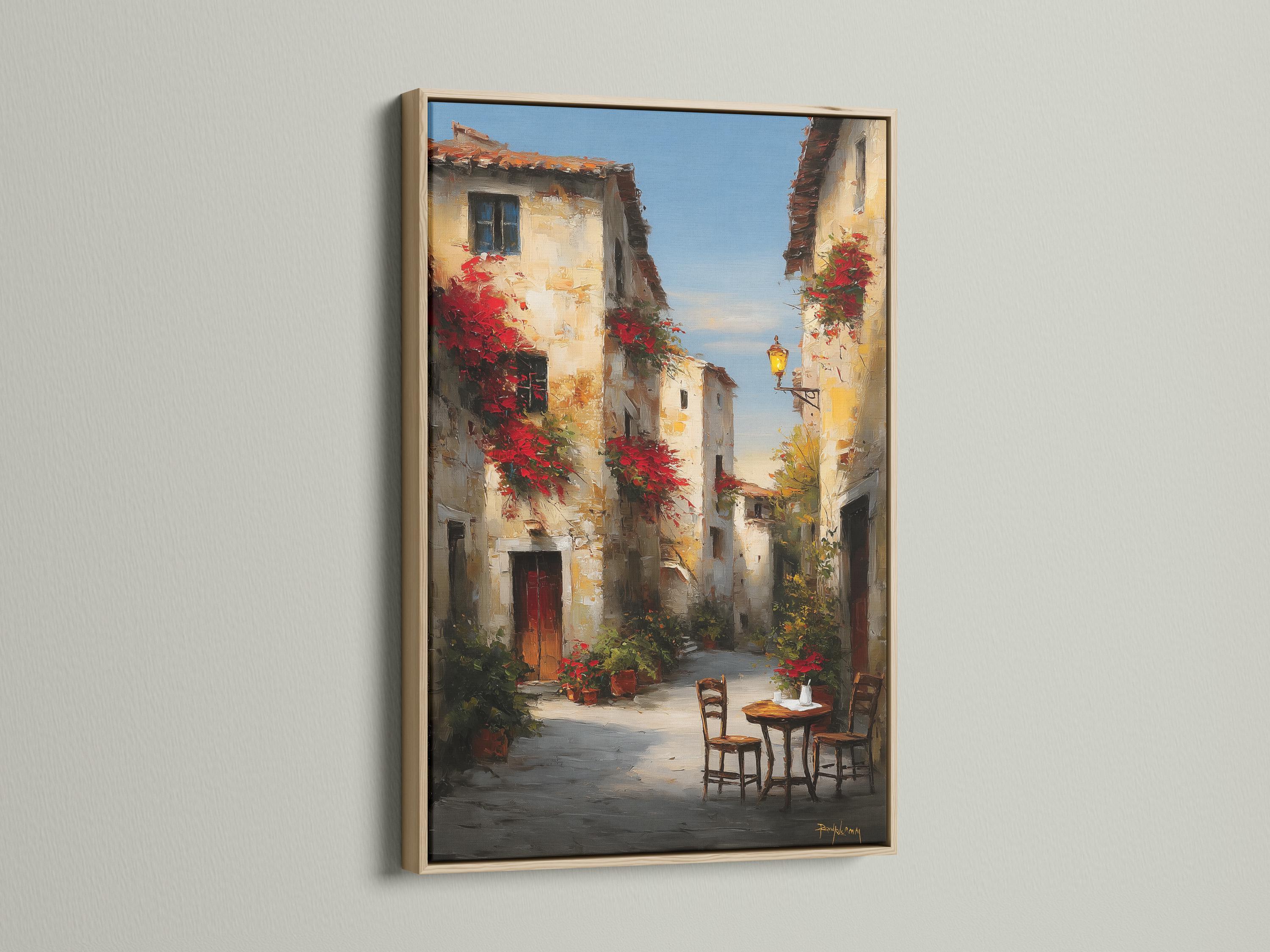 Painterly old-town street scene with red flowers, warm lantern light, and a small café table with chairs detail view