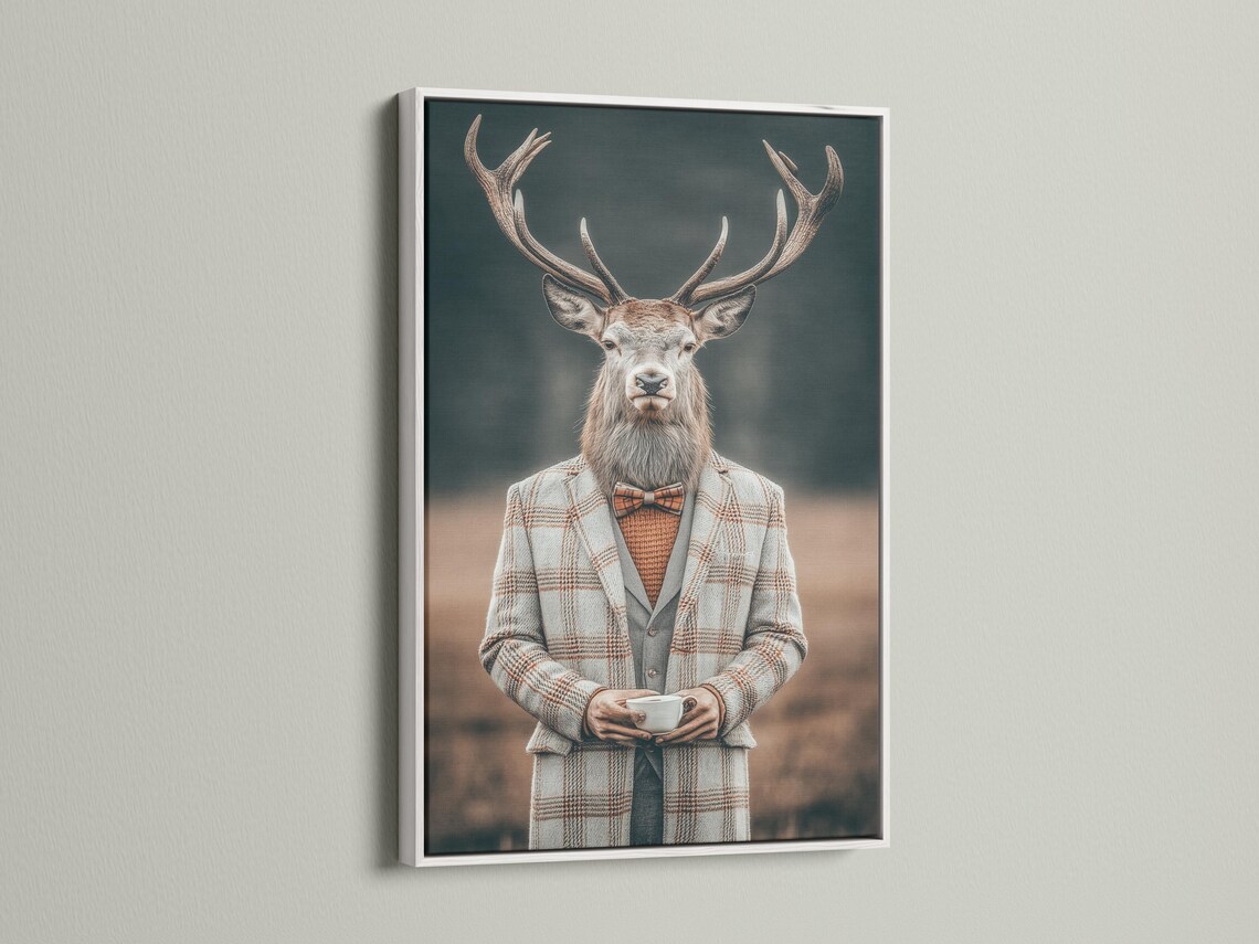 Gentleman deer portrait with antlers wearing a grey plaid suit, bow tie and holding a cup detail view