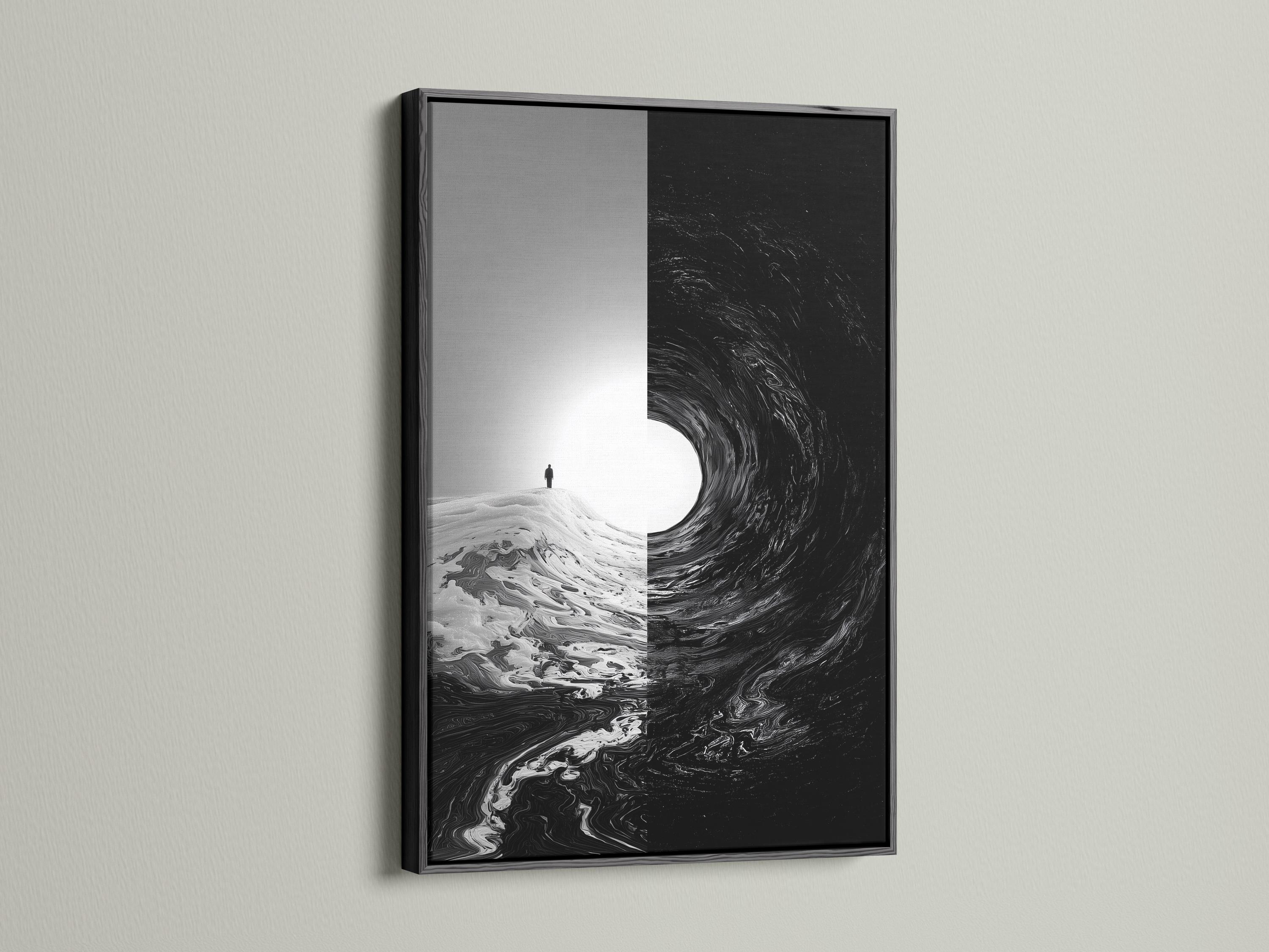 Room mockup showing monochrome framed artwork with a small standing figure and swirling black area