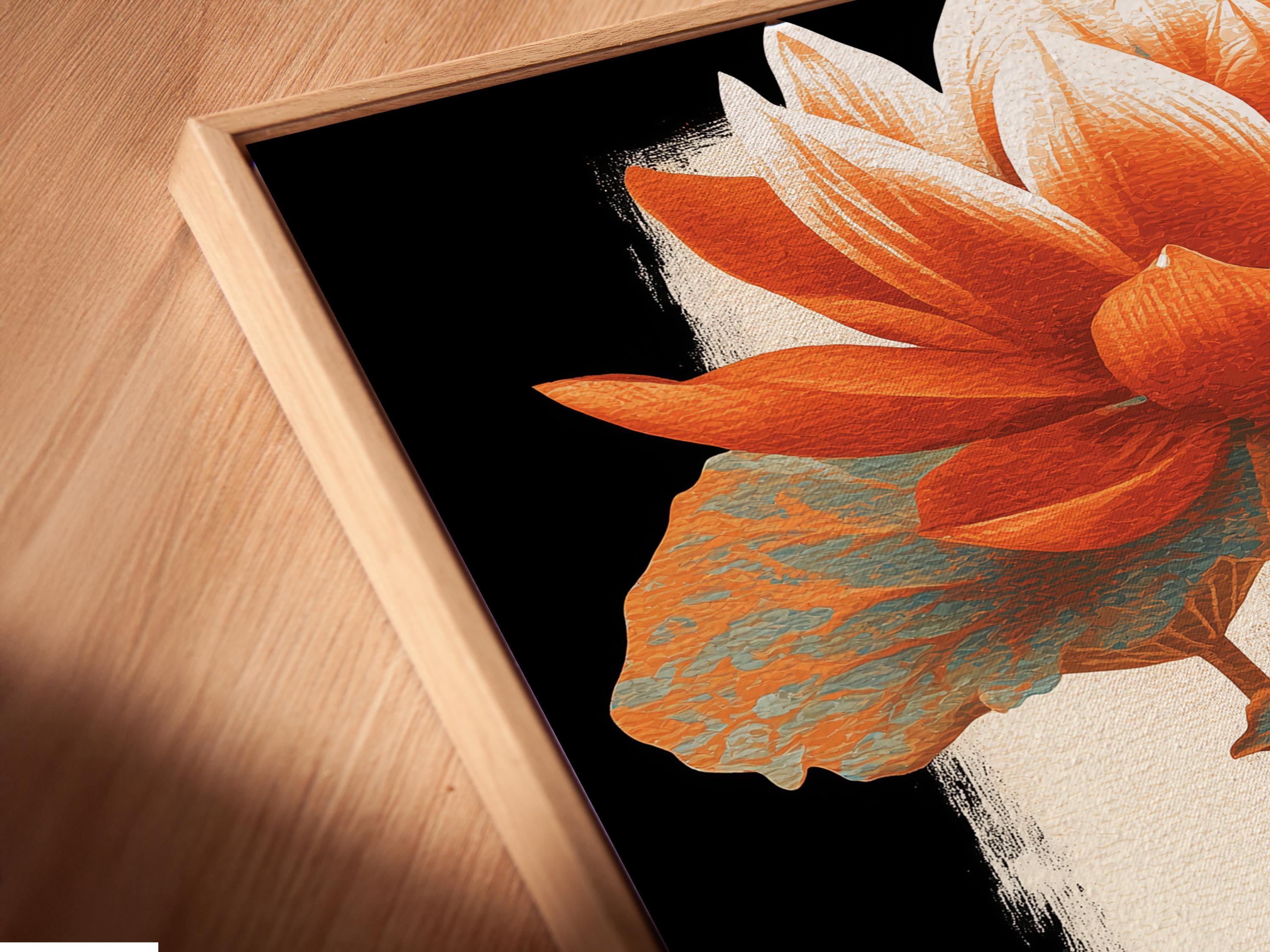 Room mockup showing a portrait lotus flower artwork with burnt orange petals and teal leaves