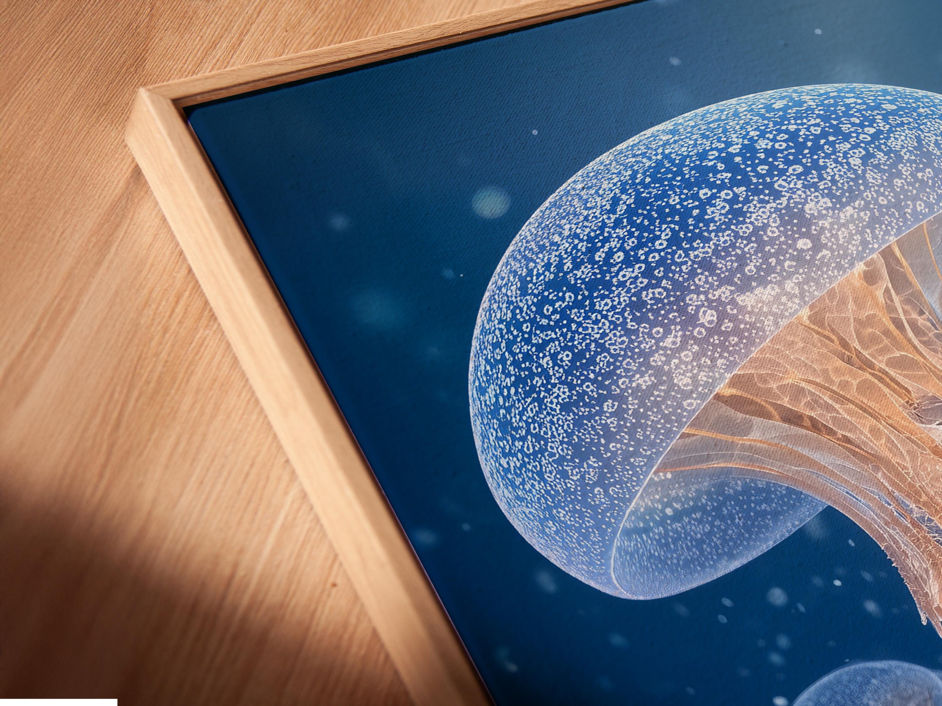 A framed artwork showing blue jellyfish on a deep navy ocean background