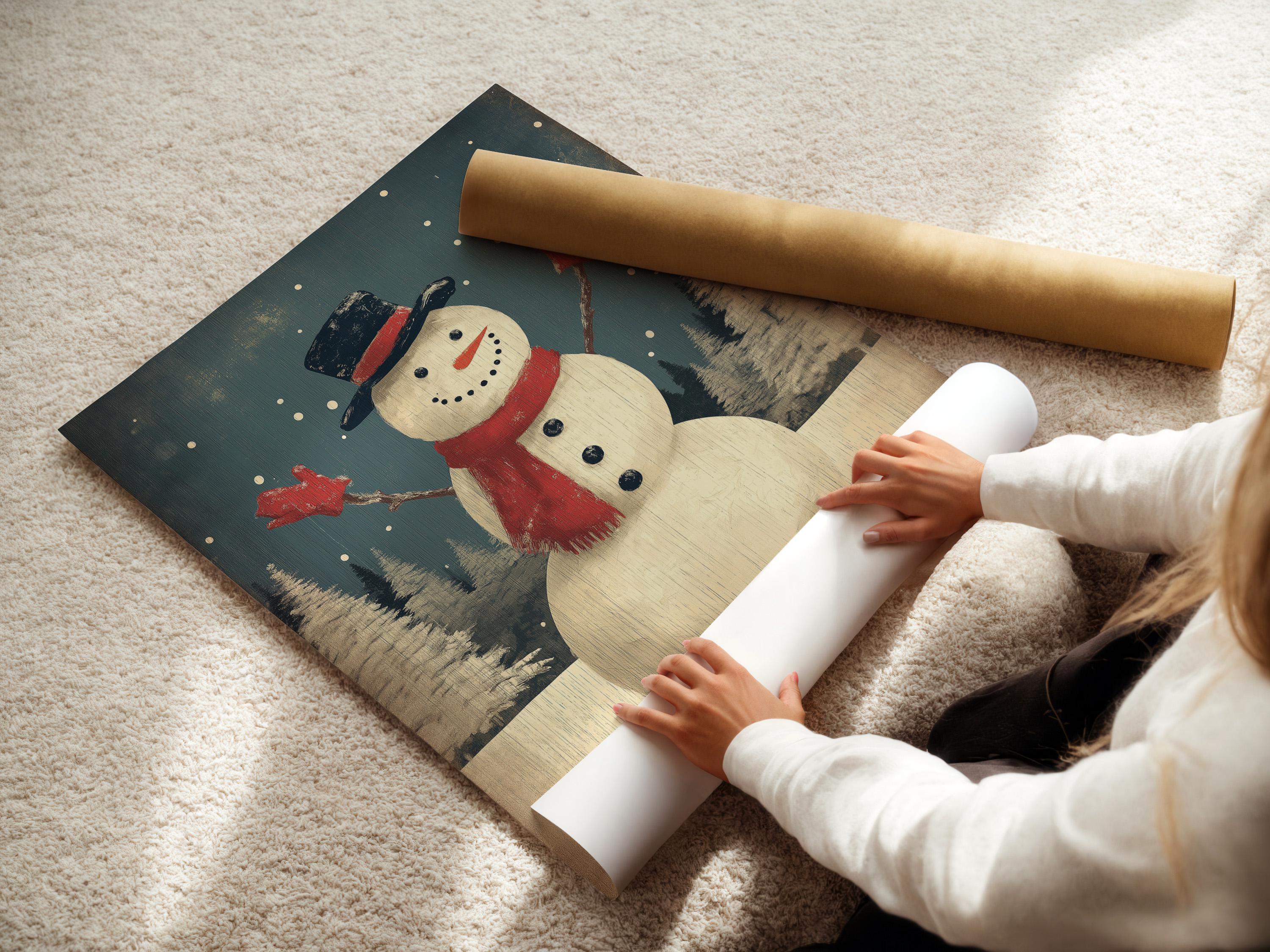 Snowman standing in falling snow with a dark top hat and red scarf in a winter forest scene detail view