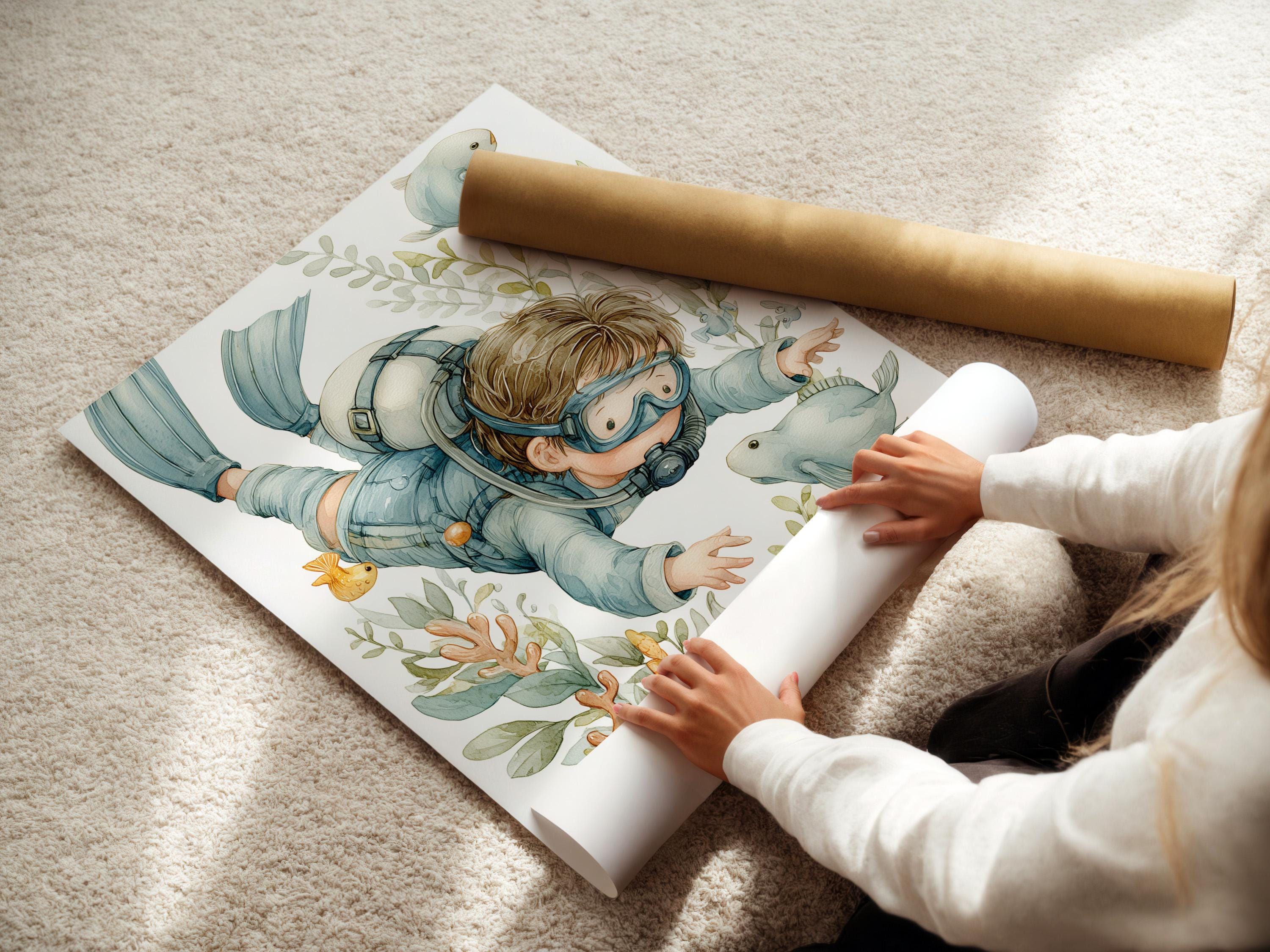 Mockup showing a framed underwater diver illustration with fish and coral